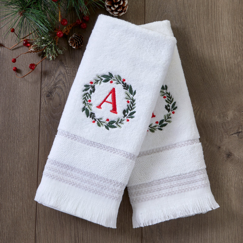 Wreath Monogram “A” 2-Piece Hand Towel Set, White