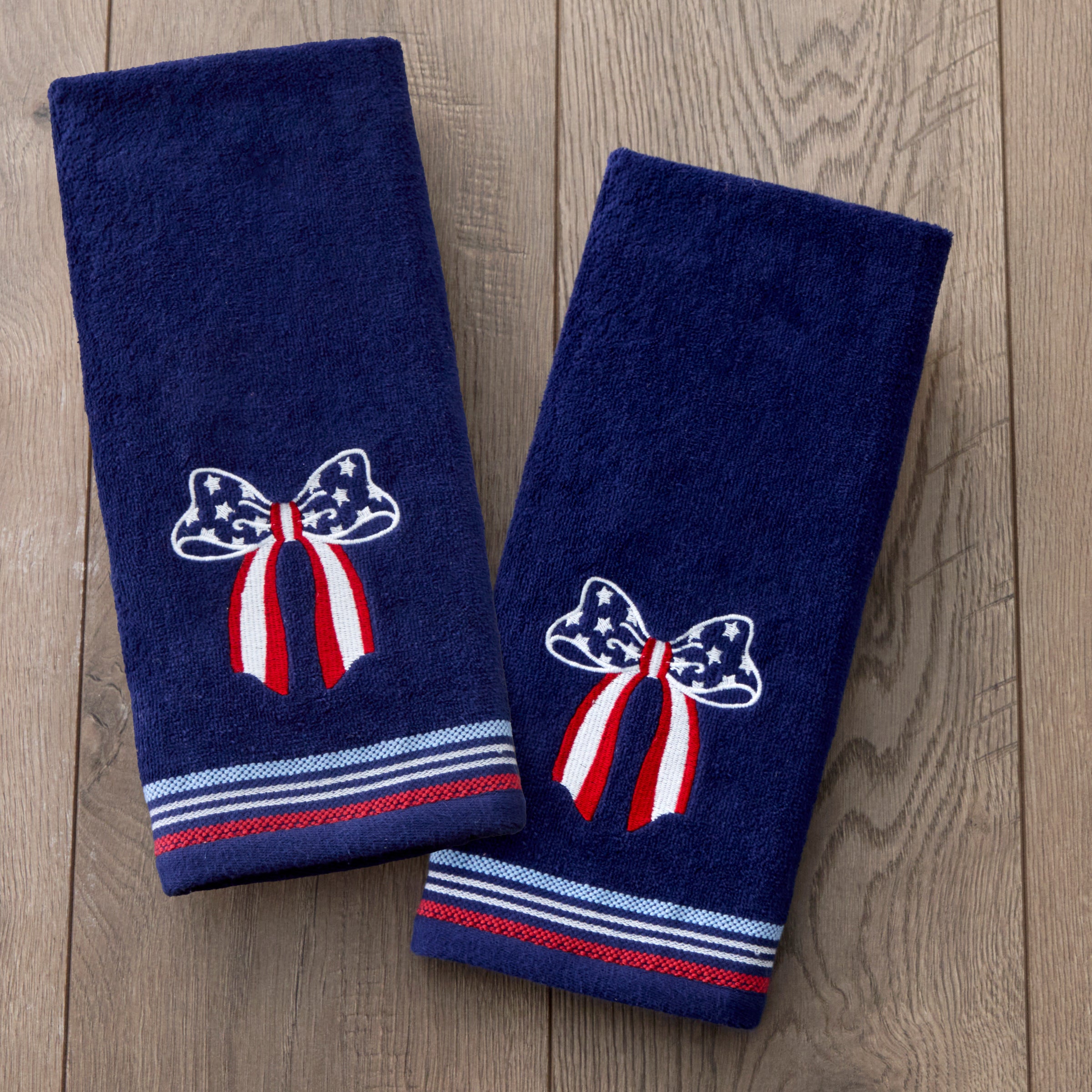 Americana Bow Embroidered 2-Piece Hand Towel Set, Navy