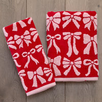 Bow Jacquard 2-Piece Hand Towel Set, Red/Pink