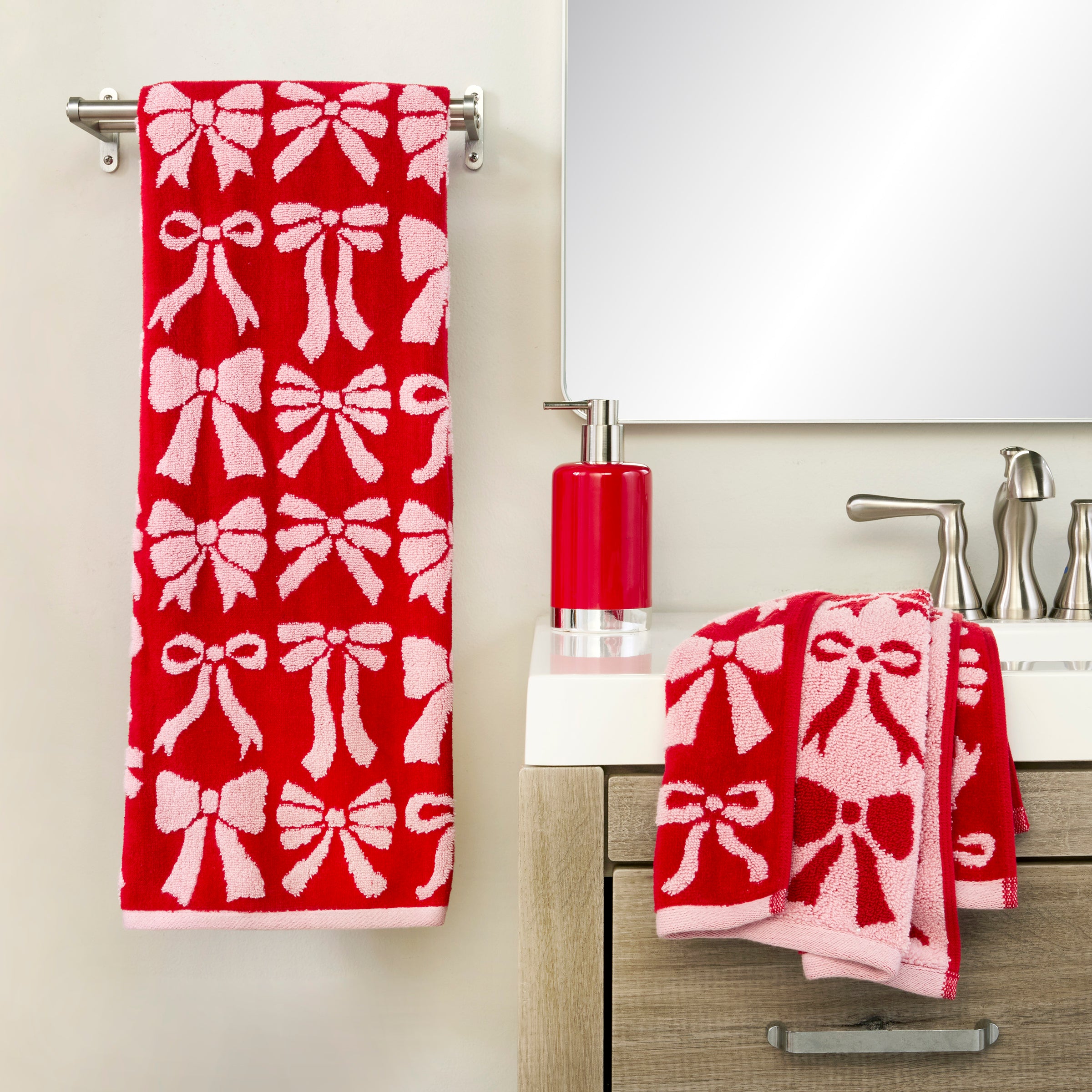 Bow Jacquard 2-Piece Hand Towel Set, Red/Pink