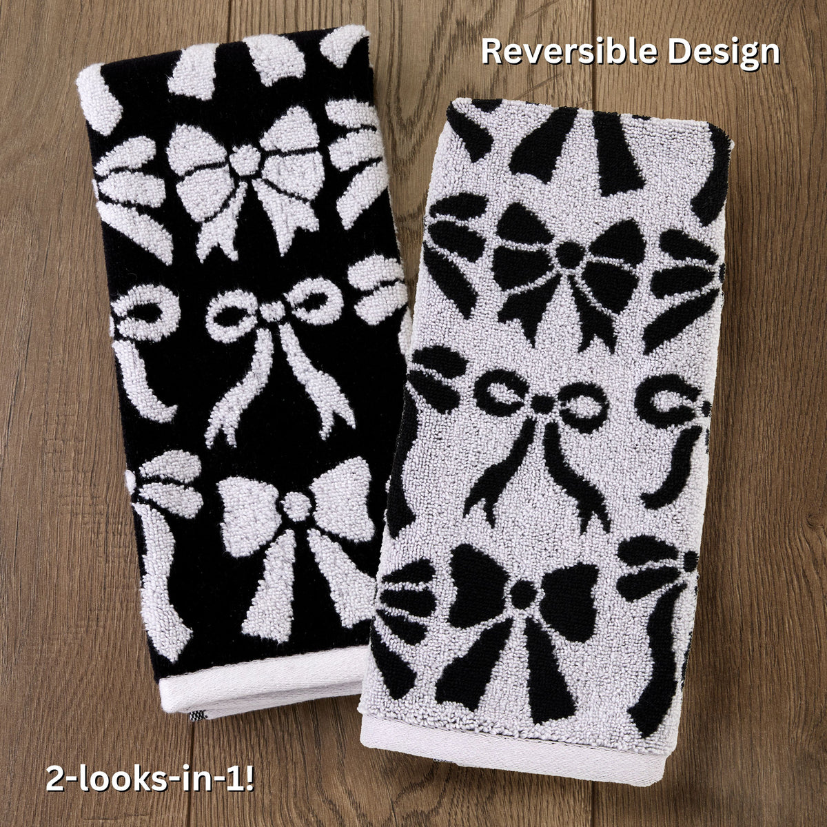 Bow Jacquard 2-Piece Hand Towel Set, Black/White