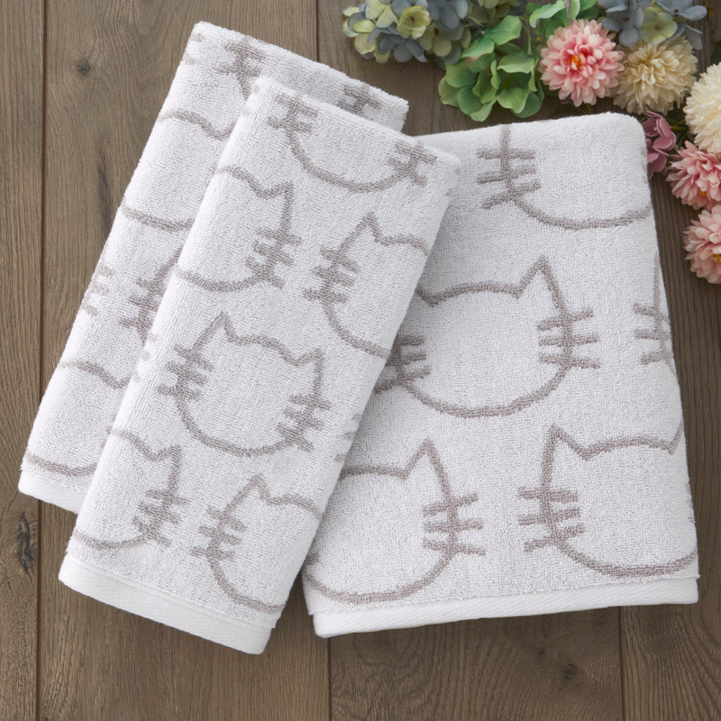 Cat 2-Piece Hand Towel Set, White/Gray