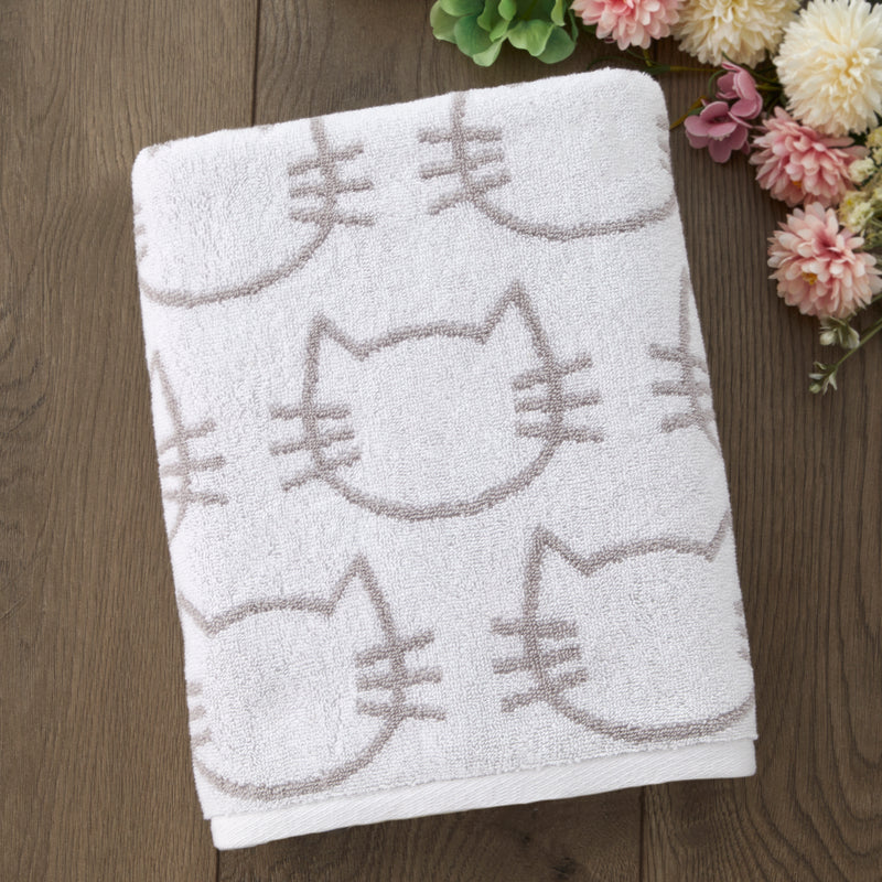 Cat Jacquard Bath Towel, White/Gray