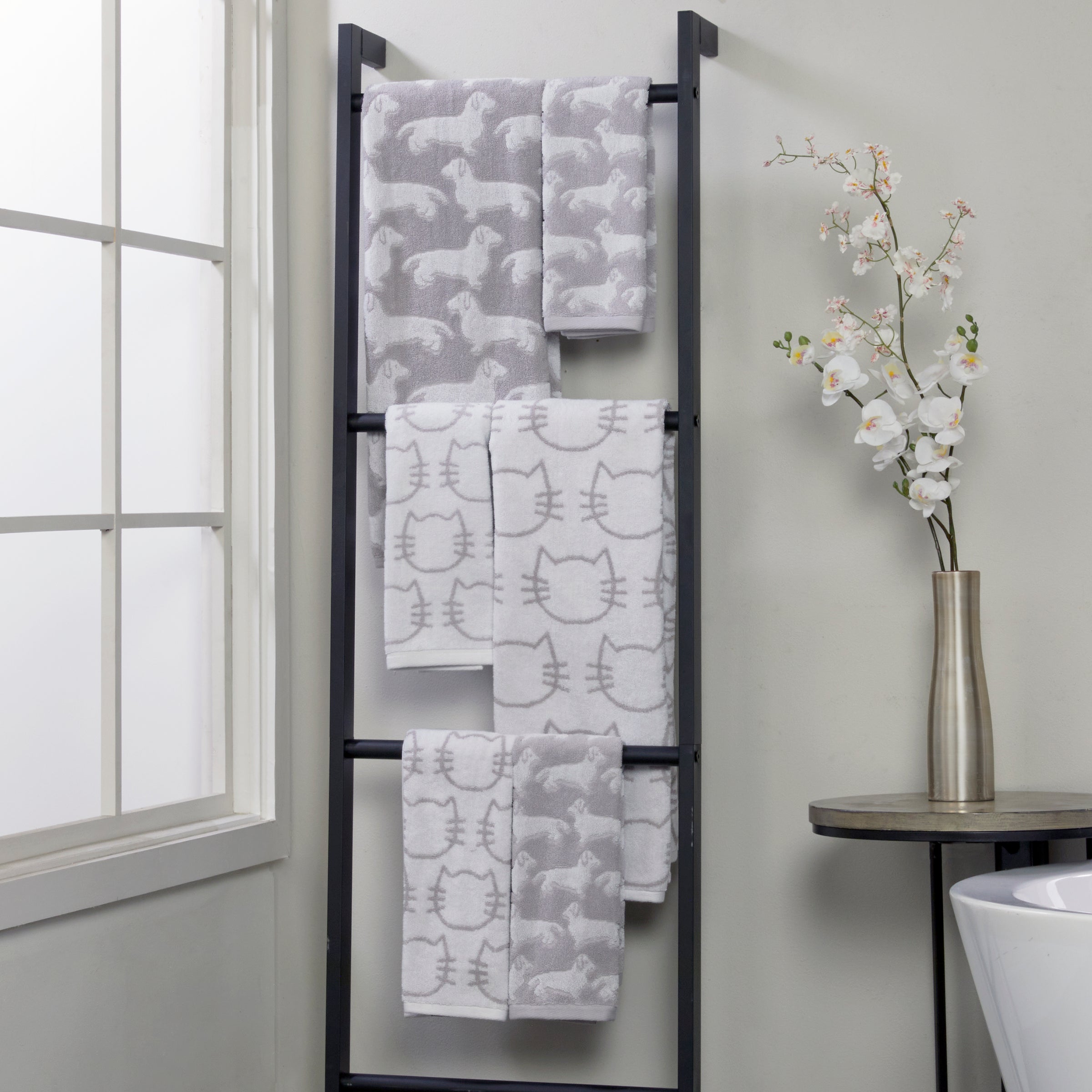 Cat 2-Piece Hand Towel Set, White/Gray