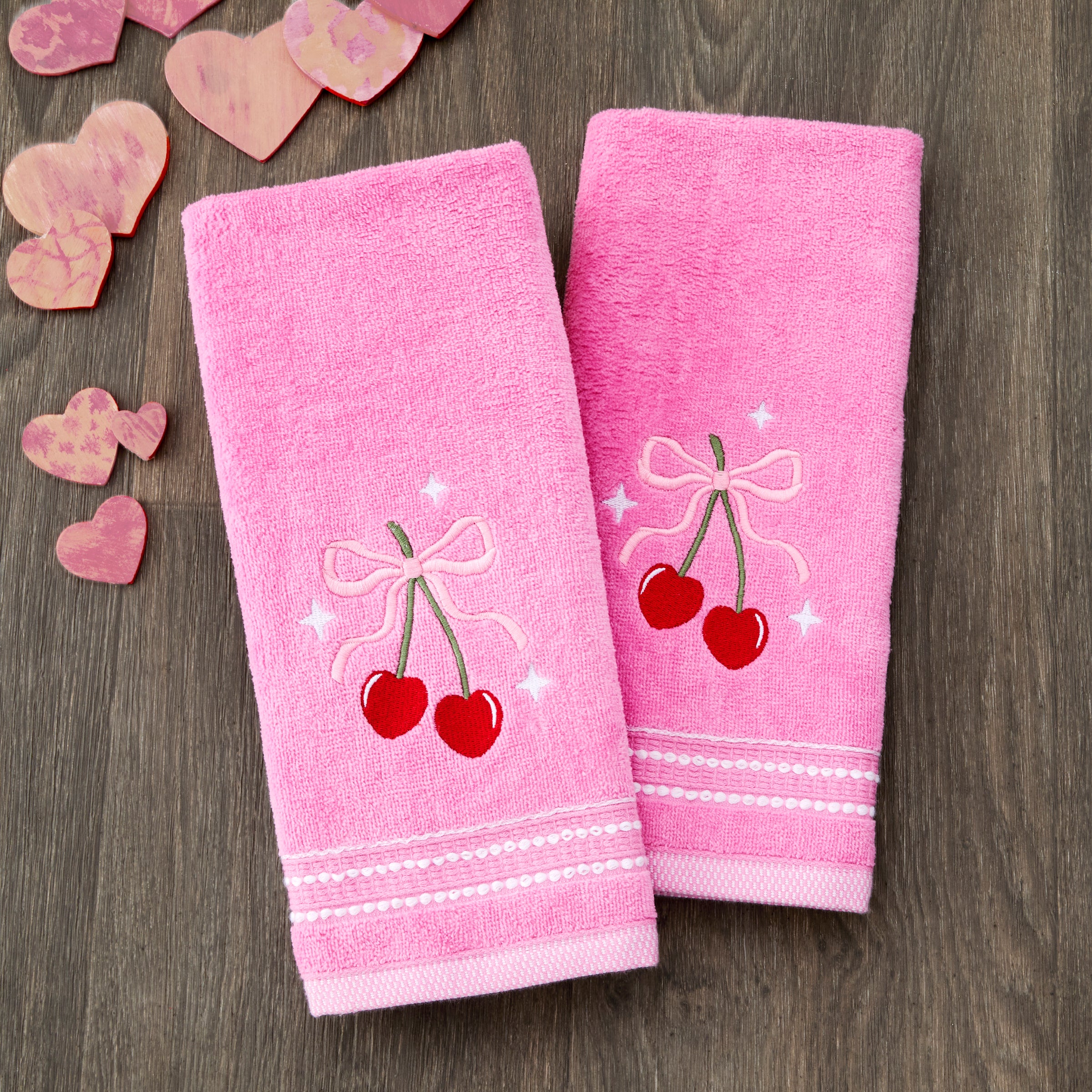 Cherry Hearts 2-Piece Hand Towel Set, Pink