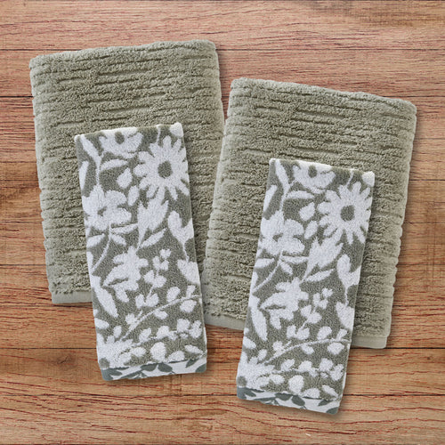 CloudSoft/Bedford Floral 4pc Bath & Hand Towel Set, Sage