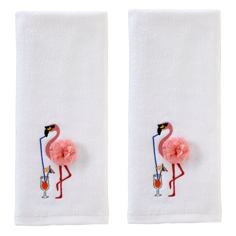 Cool Flamingo 3D Appliqué  2-Piece Hand Towel Set, White