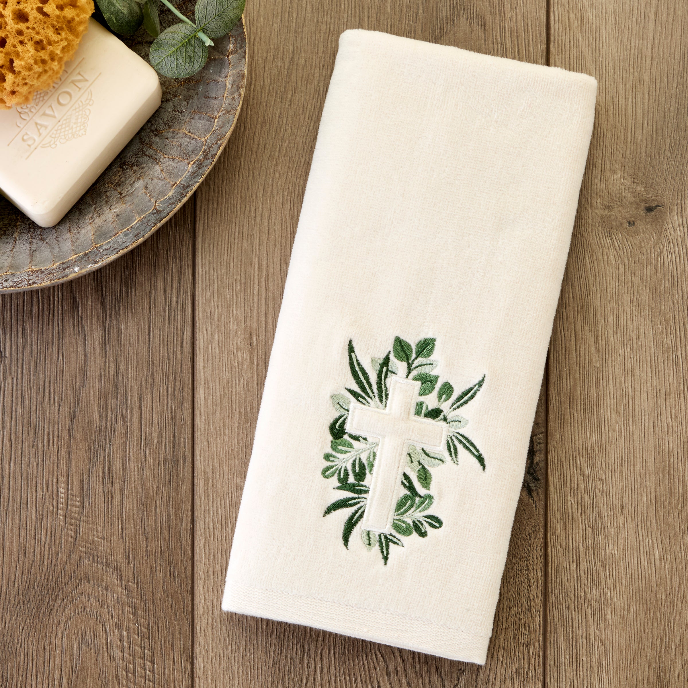 Cross With Greenery 2-Piece Hand Towel Set, Natural