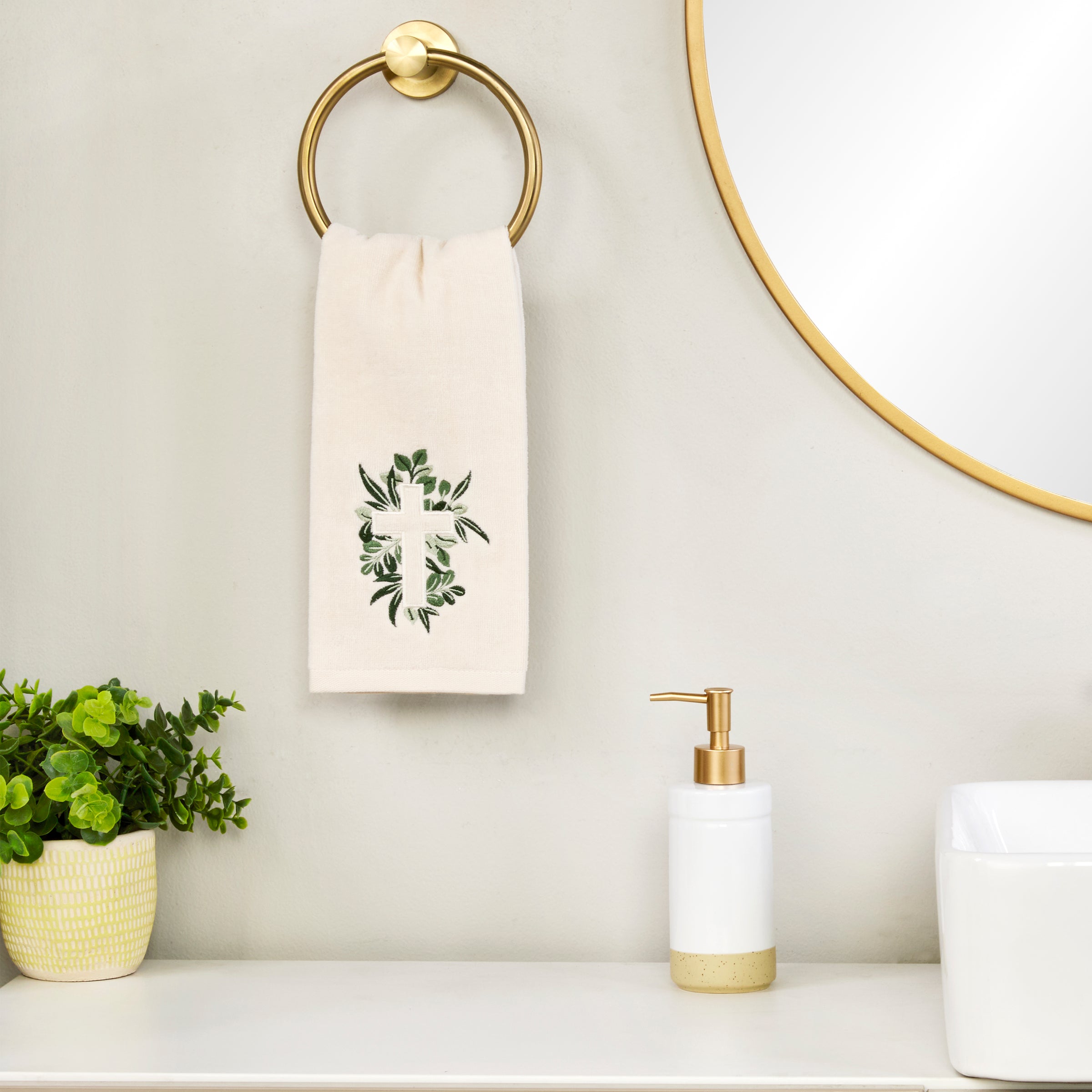Cross With Greenery 2-Piece Hand Towel Set, Natural