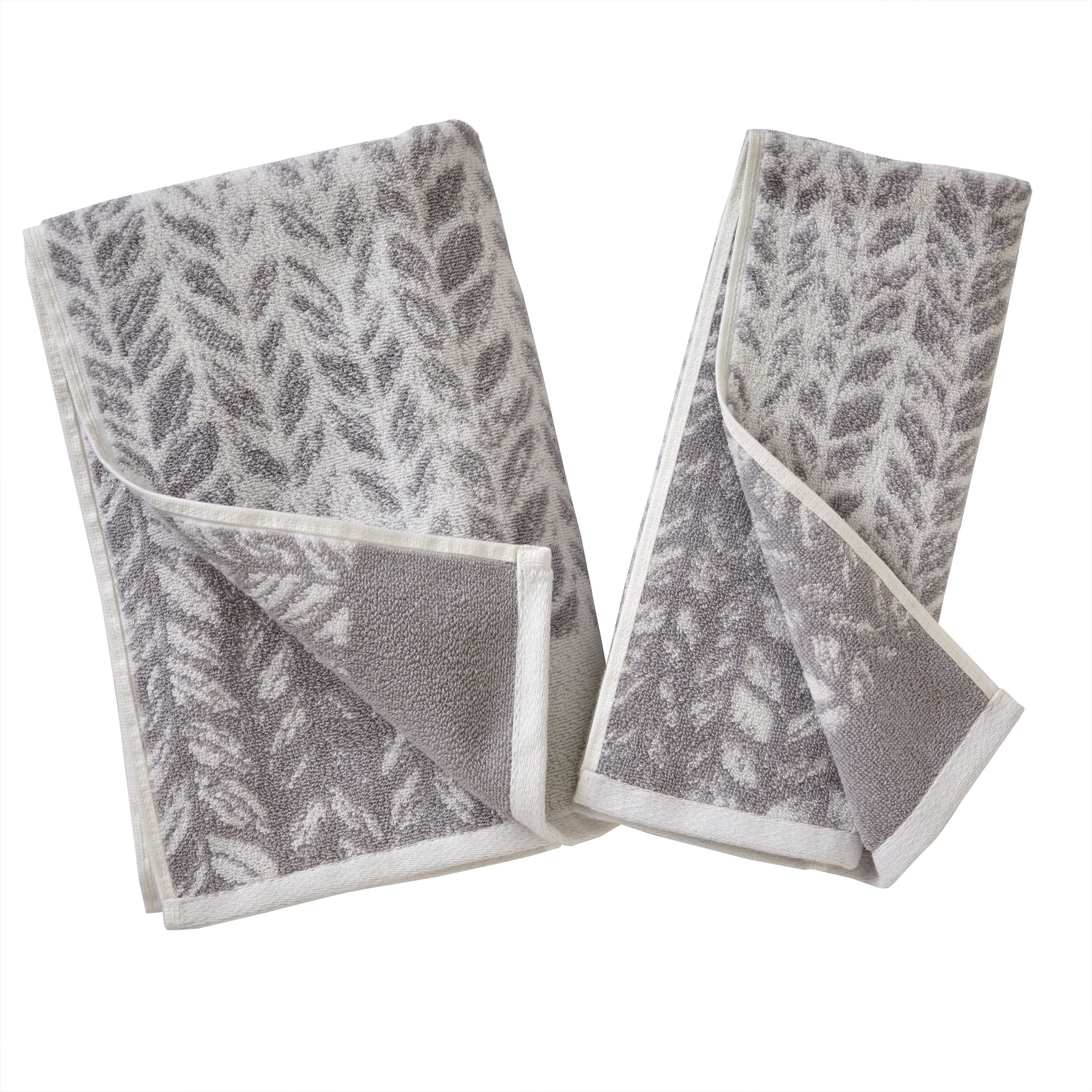 Distressed Leaves 2-Piece Turkish Cotton Hand Towel Set, Gray