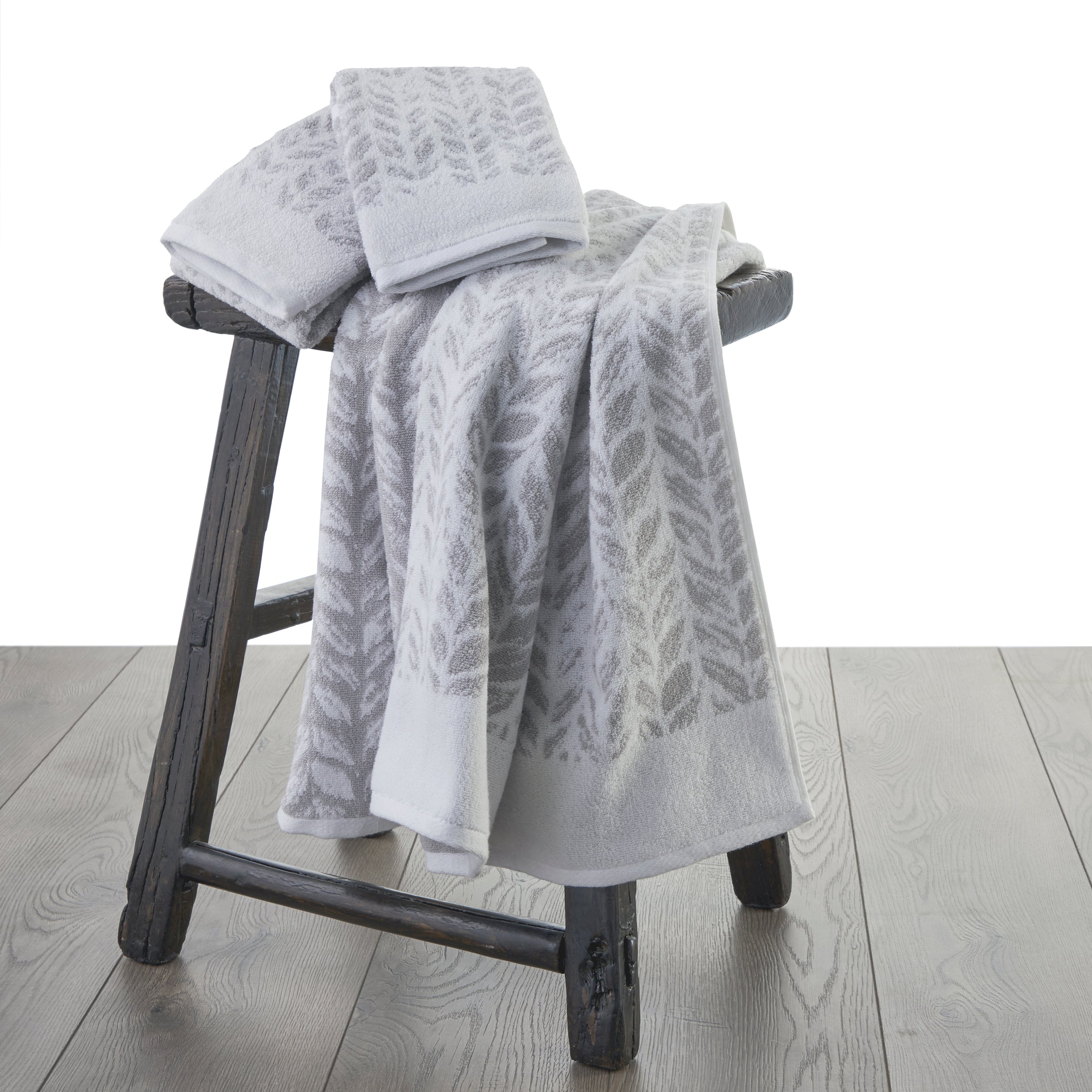 Distressed Leaves 2-Piece Turkish Cotton Hand Towel Set, Gray