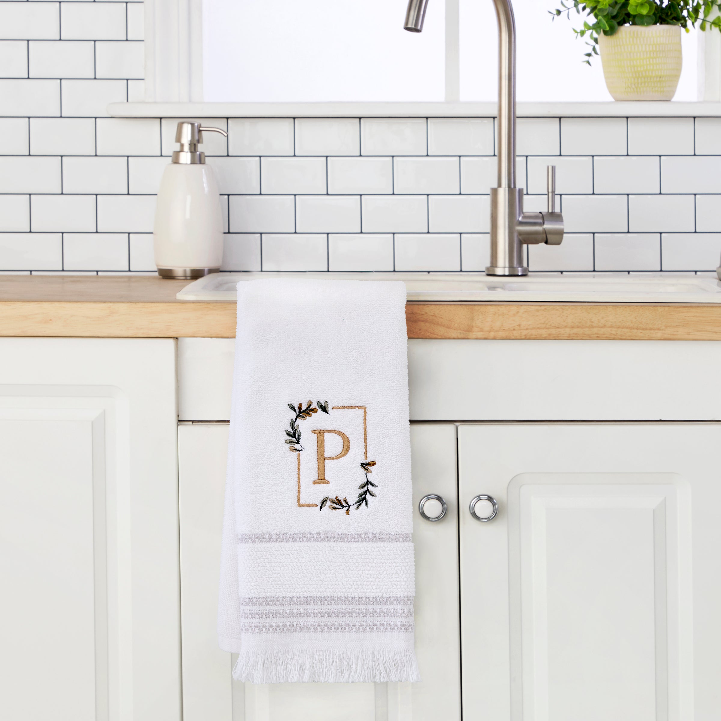 Everyday Monogram “P” 2-Piece Cotton Hand Towel Set, White