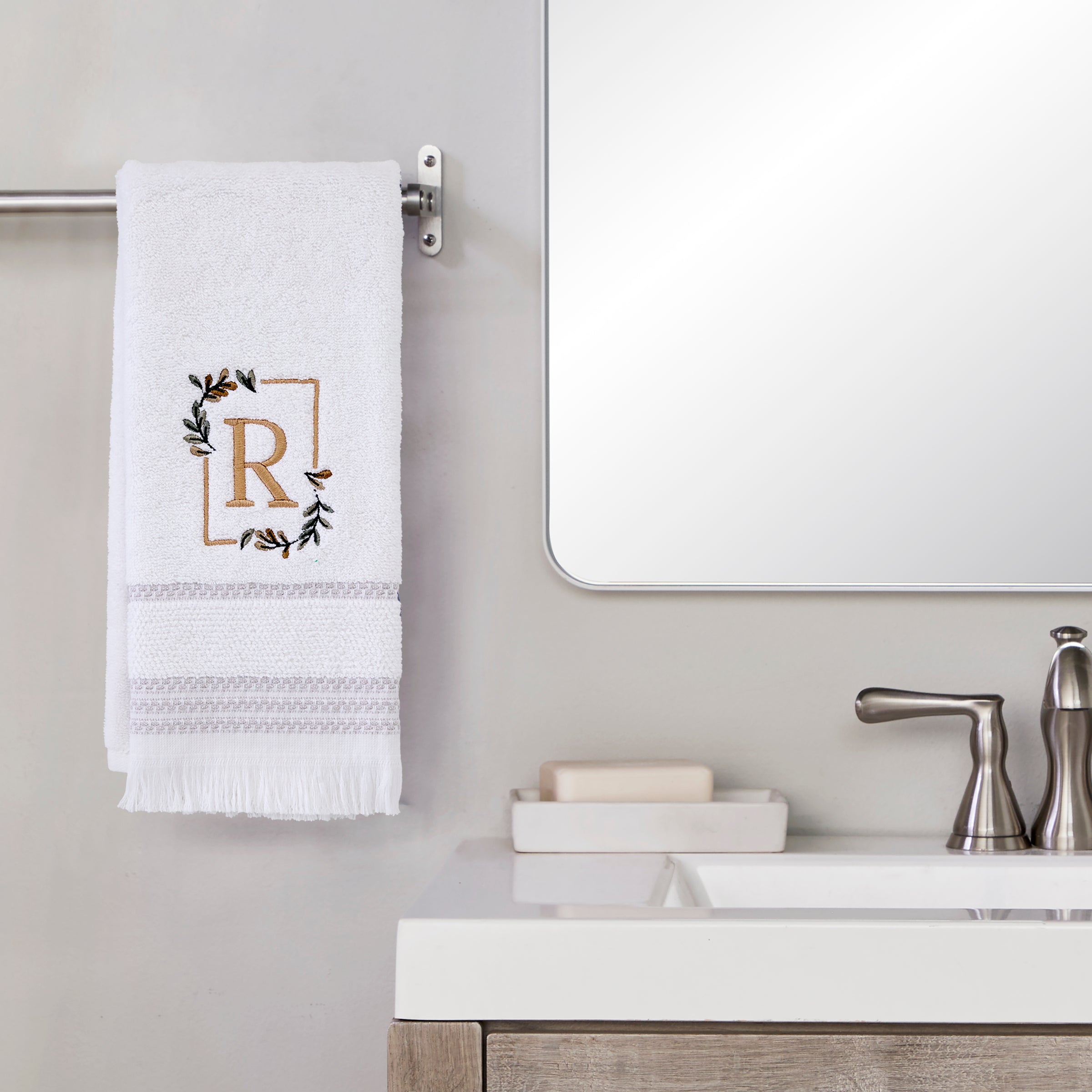 Everyday Monogram “R” 2-Piece Cotton Hand Towel Set, White