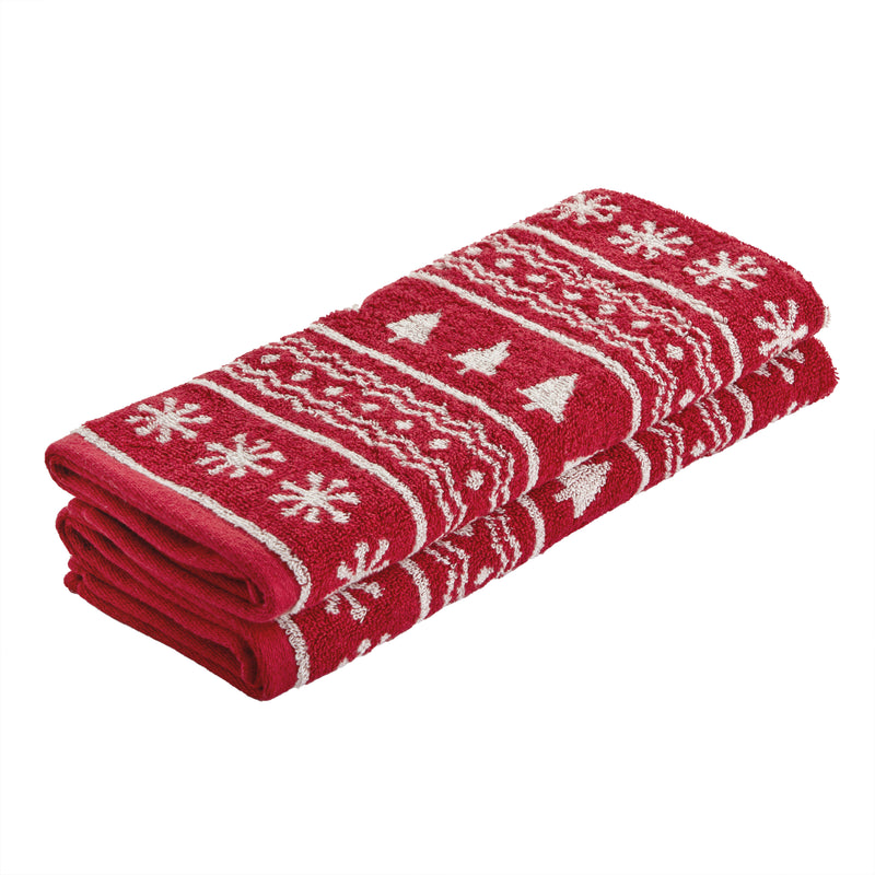 Fair Isle Jacquard 2-Piece Hand Towel Set, Red/White