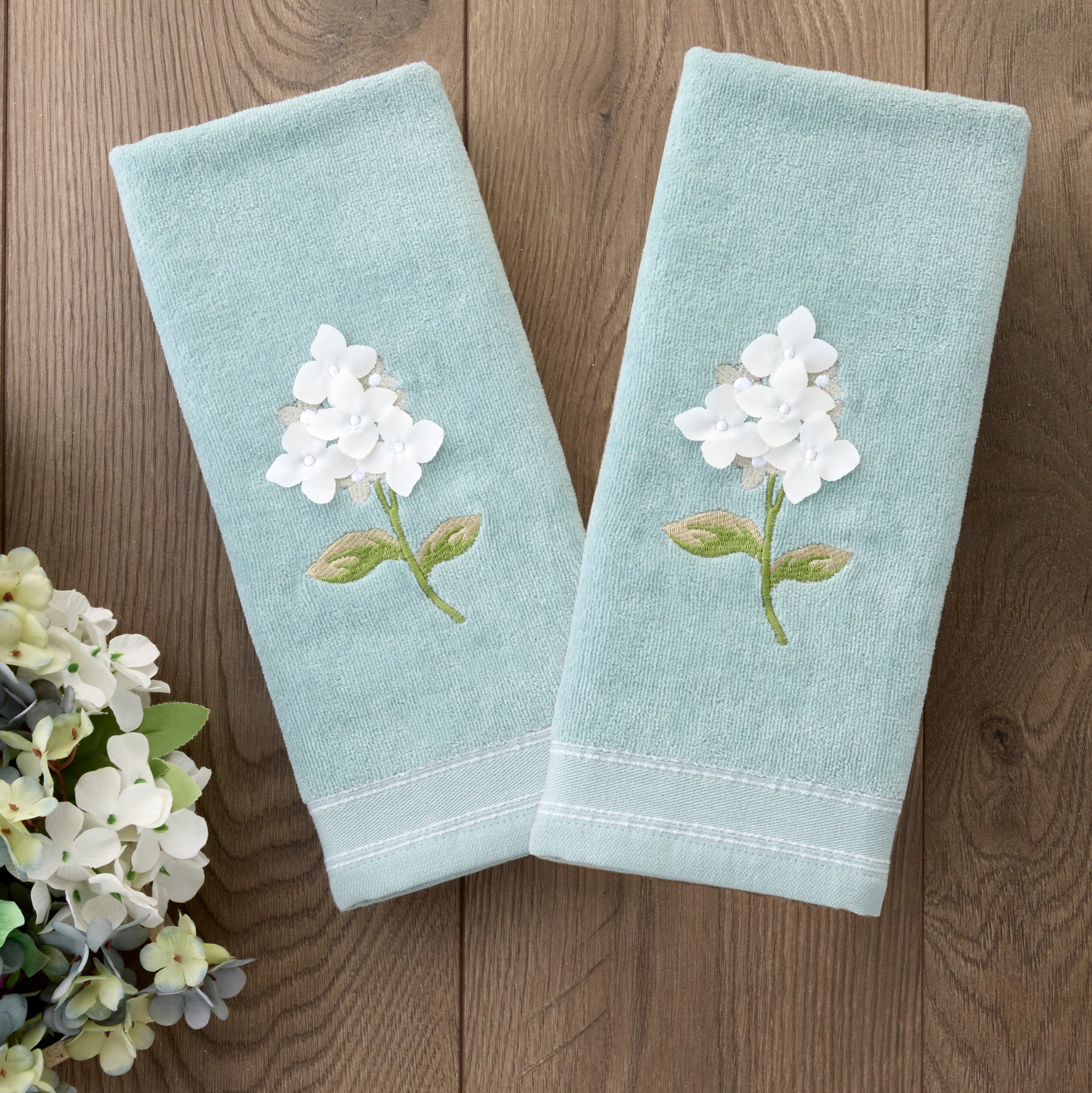 Farm Hydrangea 2-Piece Hand Towel Set, Seafoam