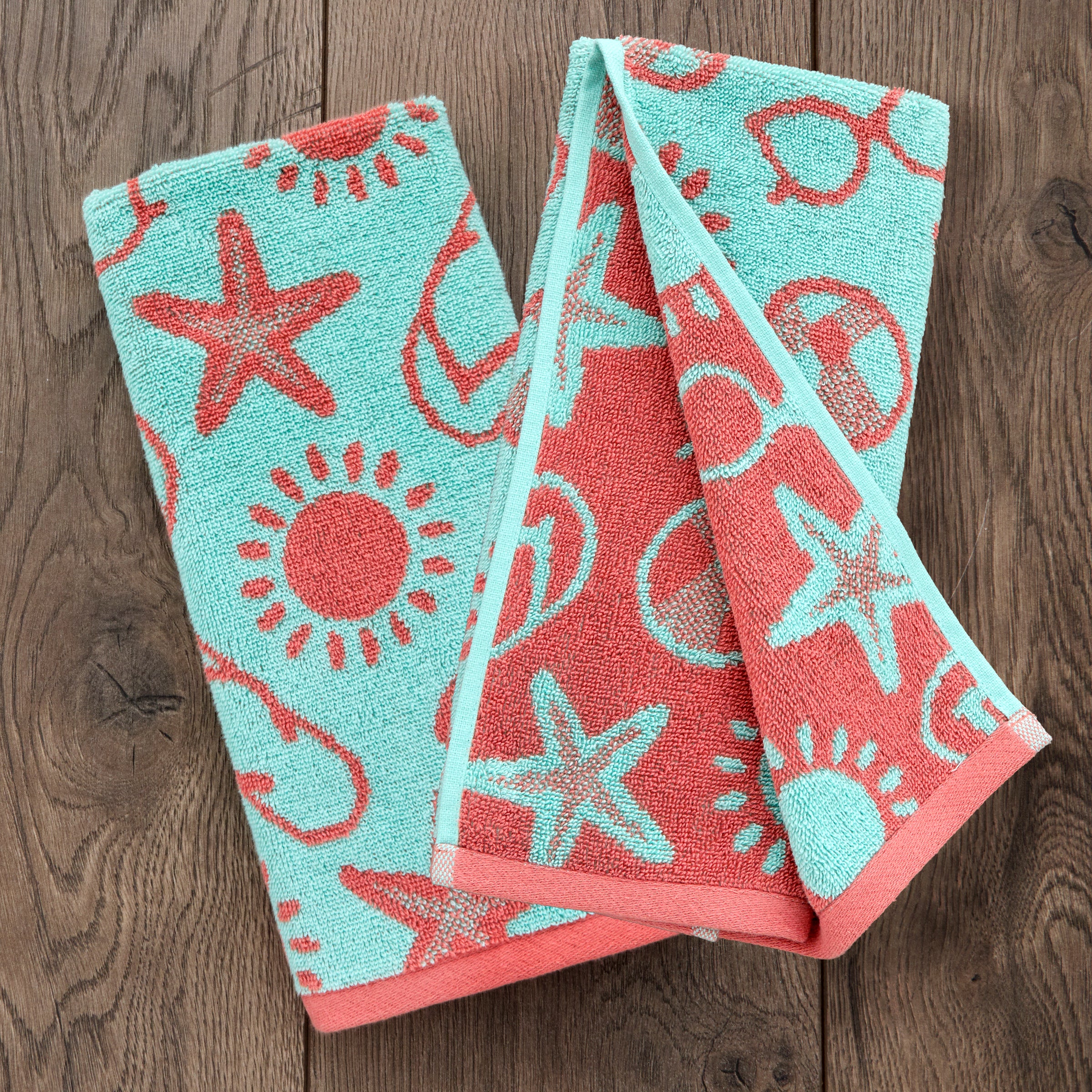 Flip Flop Pop Reversible Jacquard 2-Piece Hand Towel Set, Aqua