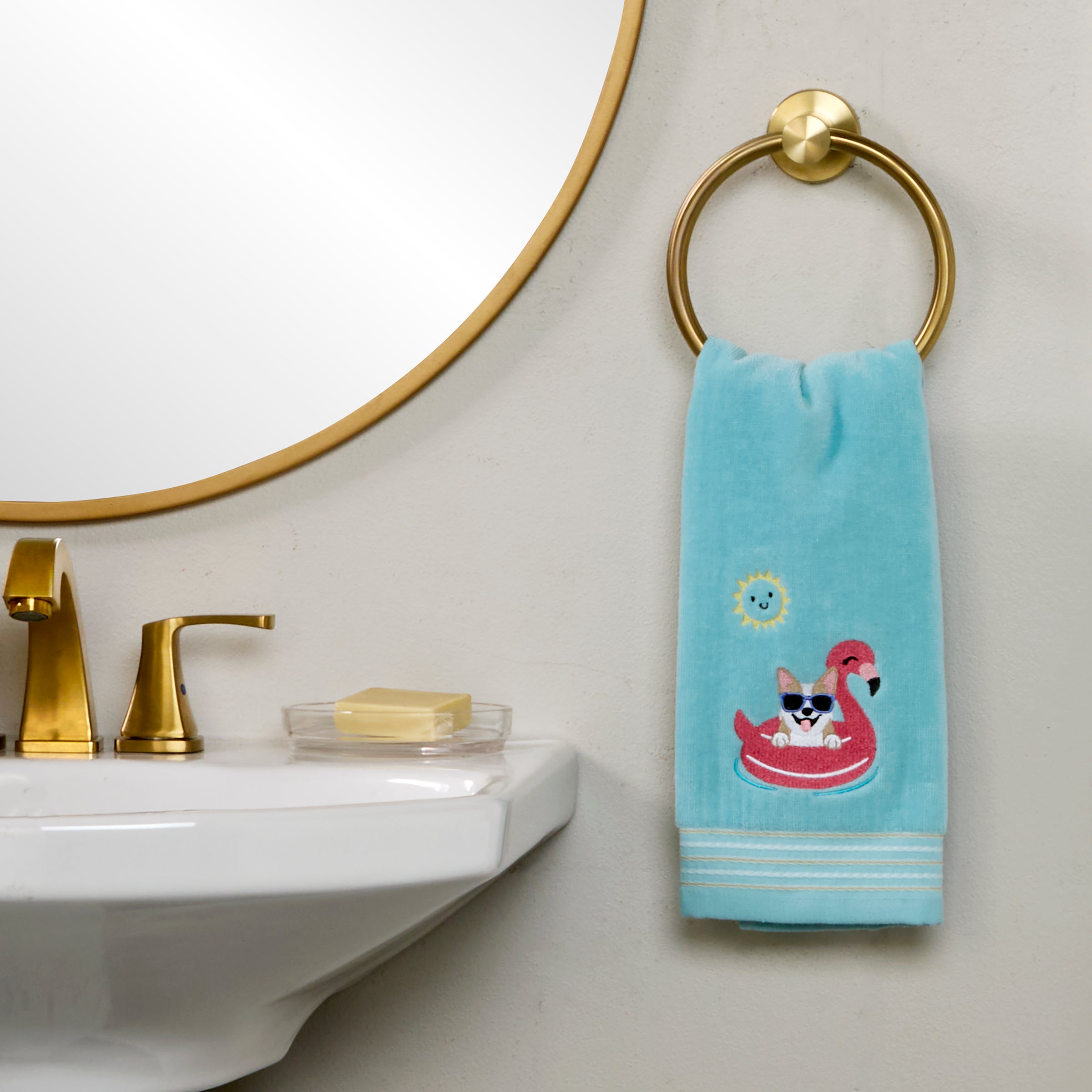 Floating Corgi 2-Piece Hand Towel Set, Aqua