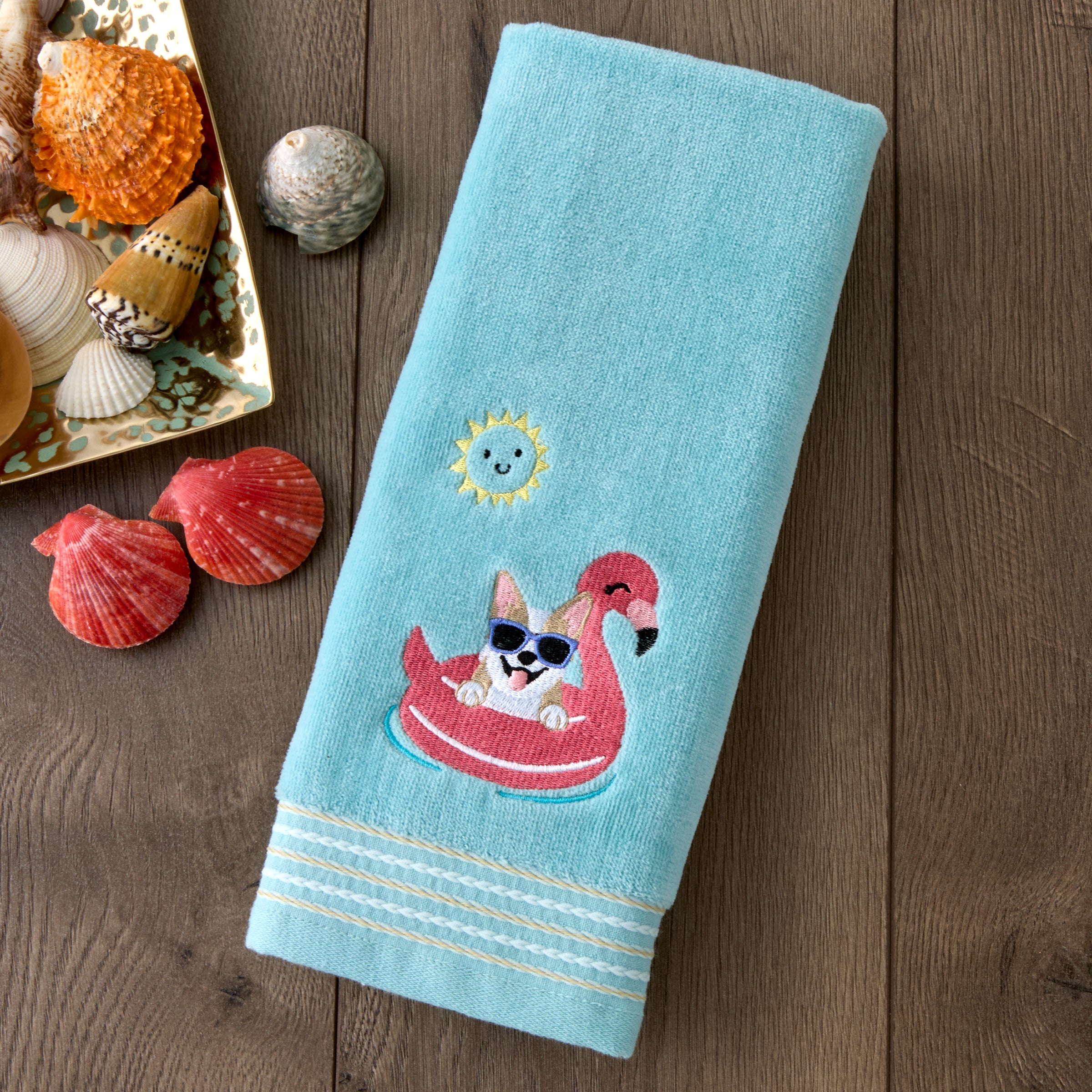 Floating Corgi 2-Piece Hand Towel Set, Aqua