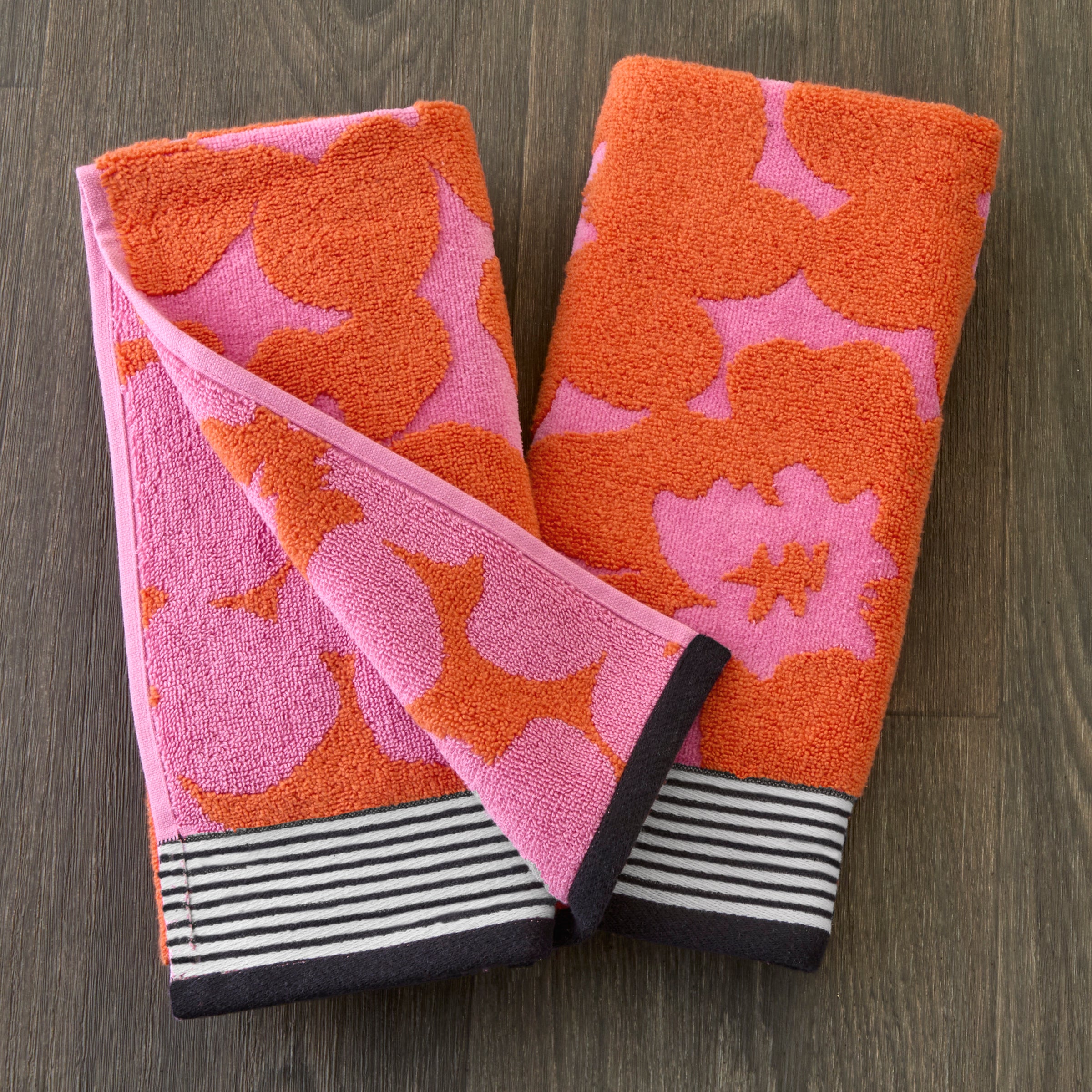 Floral Grande Reversible Jacquard 2-Piece Hand Towel Set, Pink/Orange
