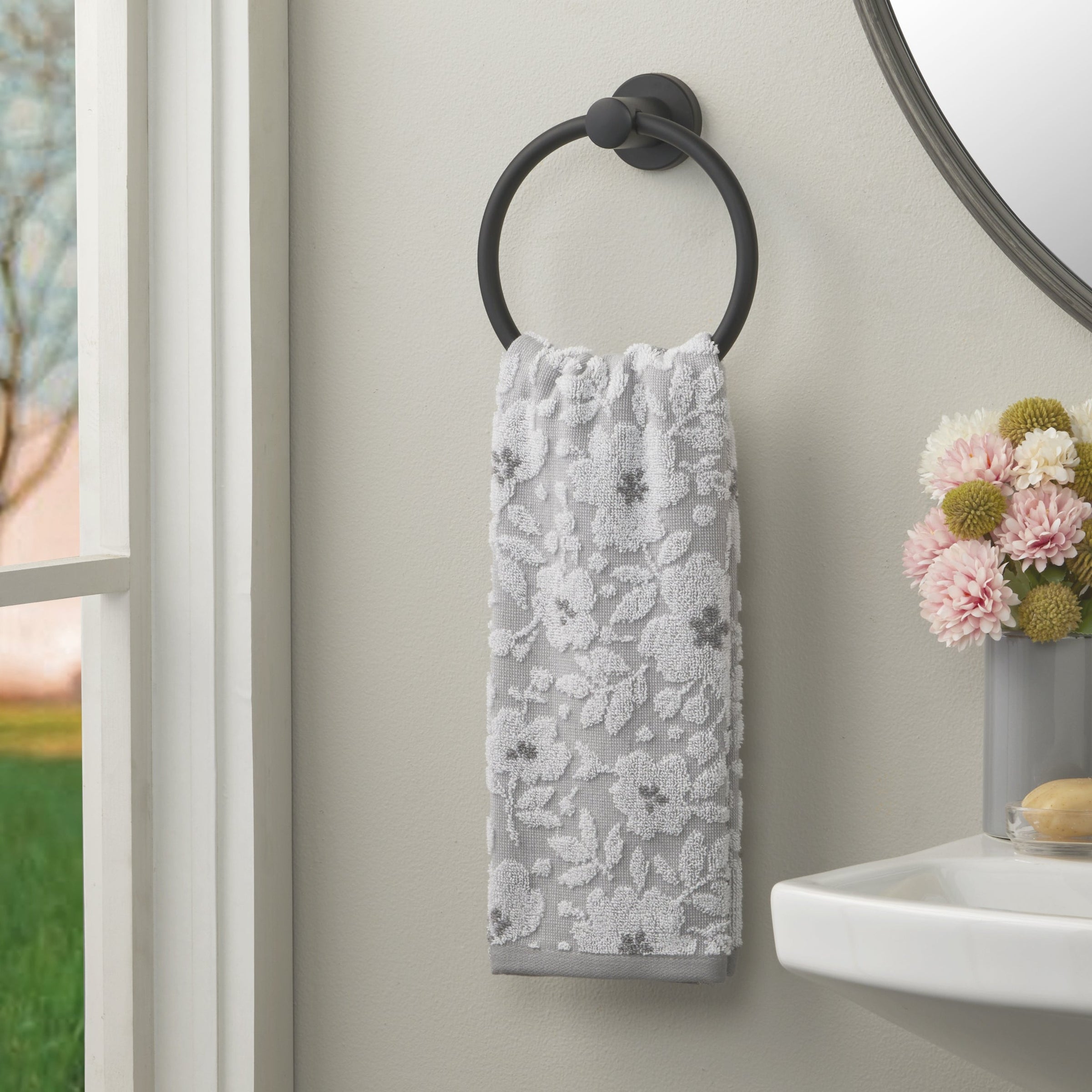 Floral Jacquard 2-Piece Hand Towel Set, Gray