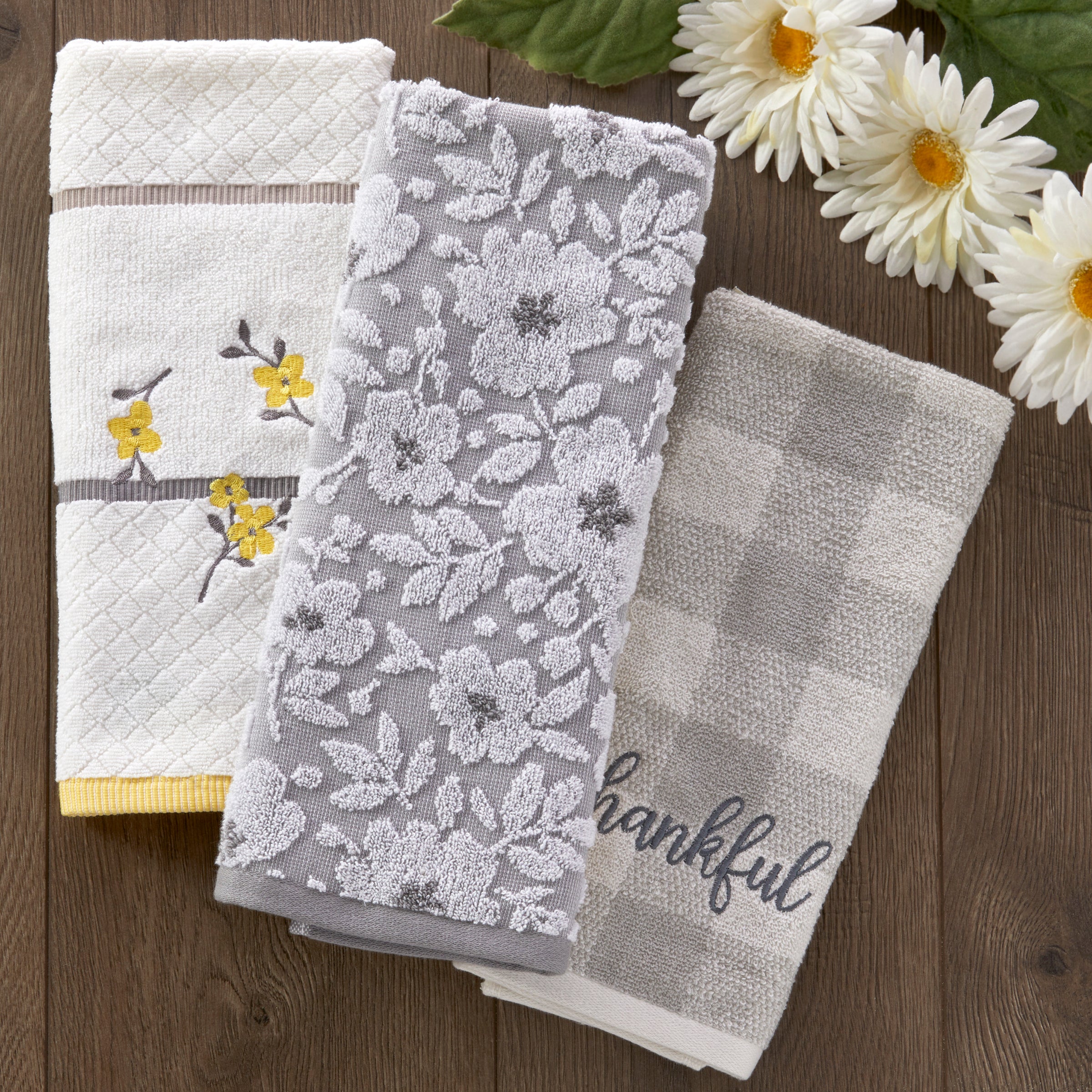 Floral Jacquard 2-Piece Hand Towel Set, Gray