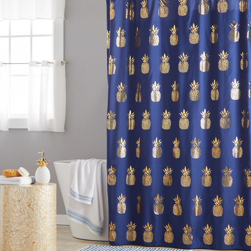 Gilded Pineapple Fabric Shower Curtain, Navy