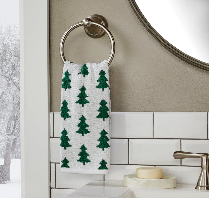 Holiday Trees Jacquard 2-Piece Hand Towel Set, Green/White