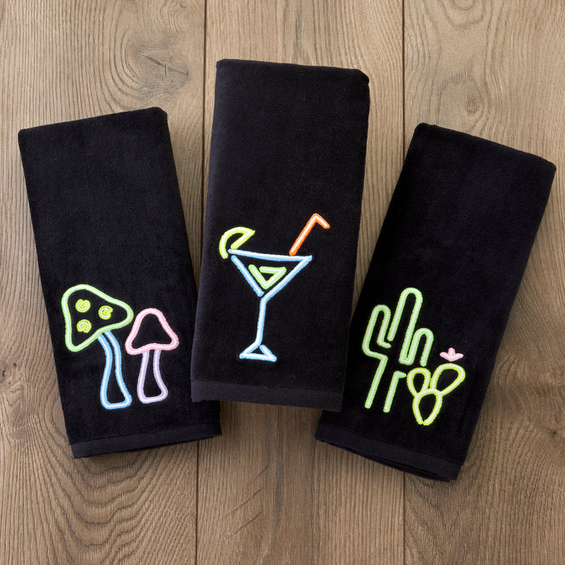 Neon Mushrooms 2-Piece Hand Towel Set, Black