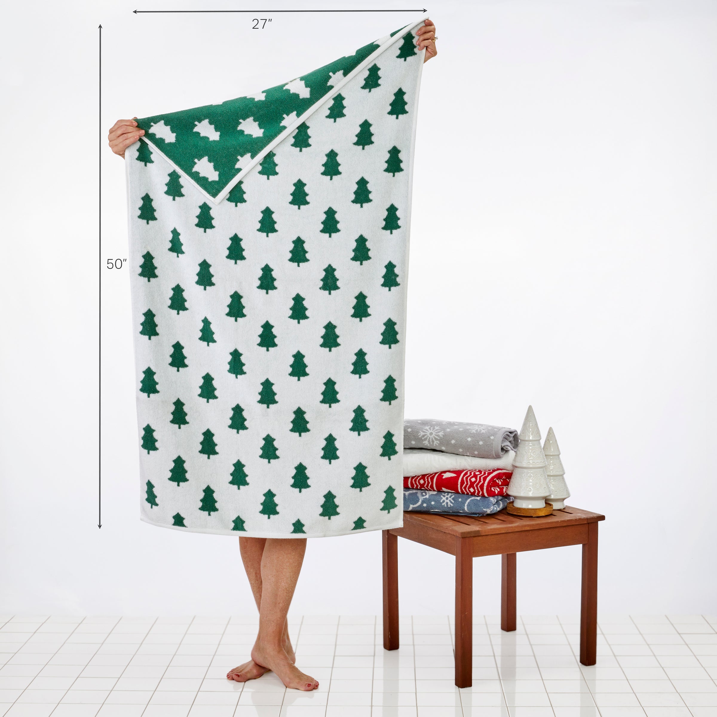 Holiday Trees 4pc Bath & Hand Towel Set, Green/White