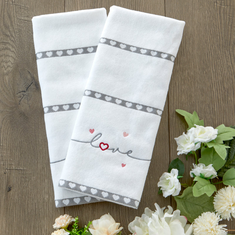 Heart In Love 2-Piece Jacquard Hand Towel Set, White