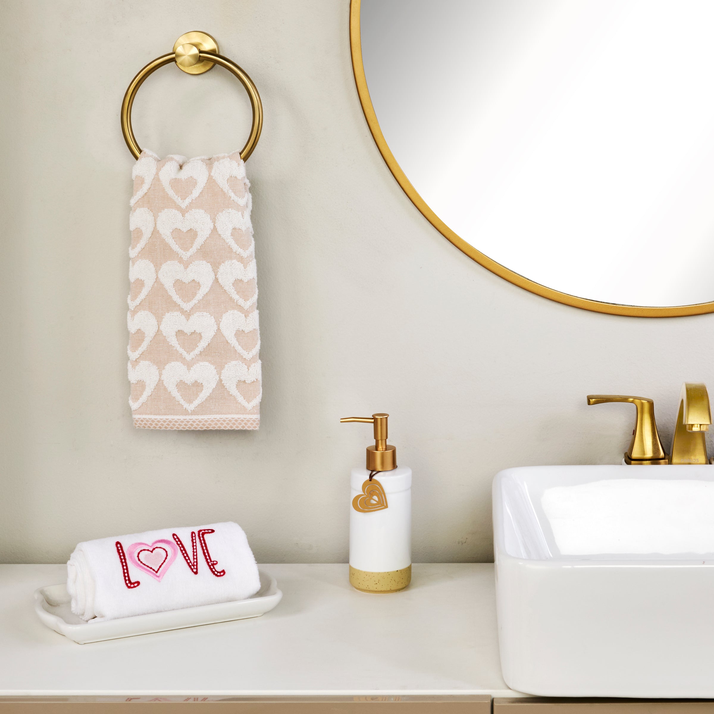 Hearts Jacquard 2-Piece Hand Towel Set, Tan