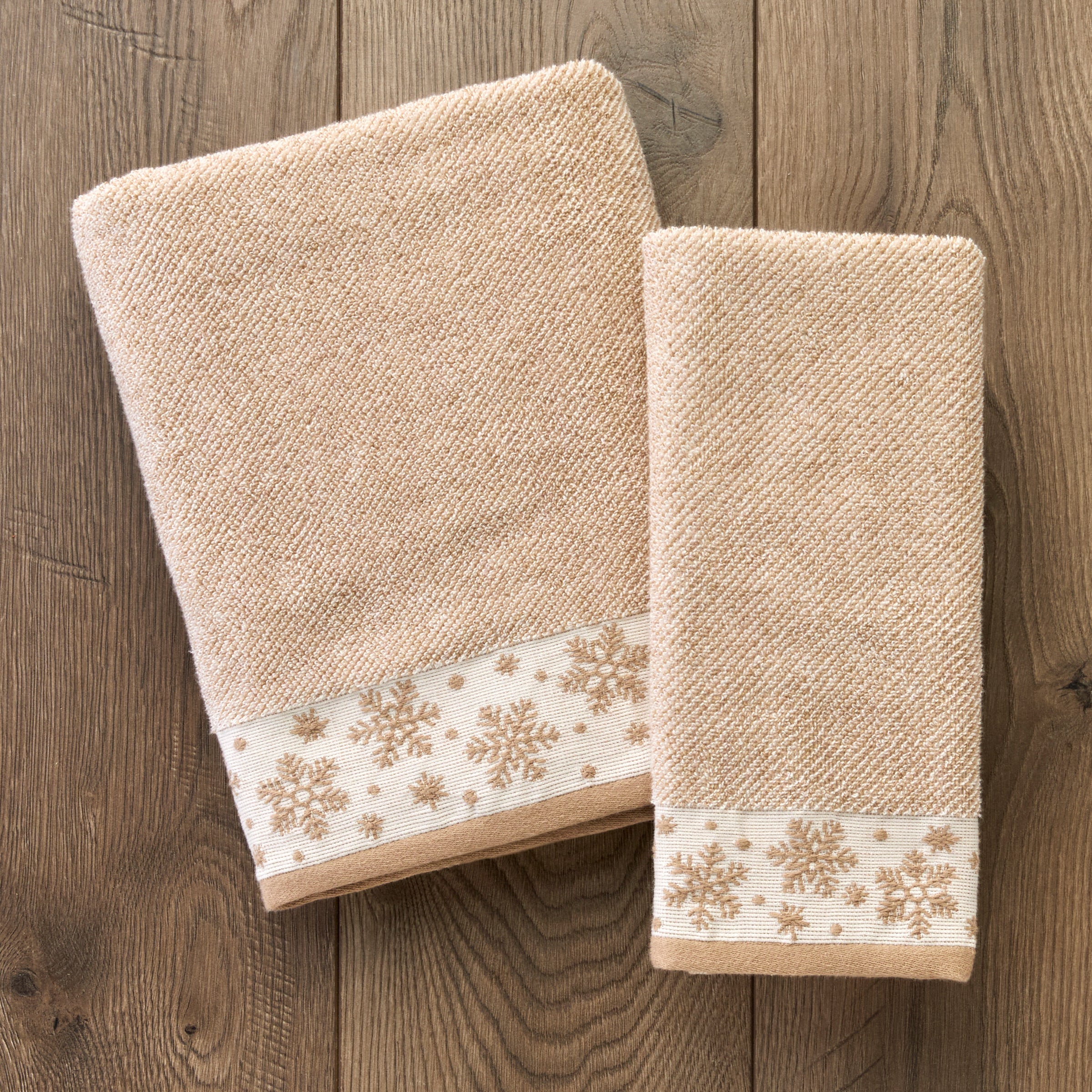 Heather Snowflake Jacquard 2-Piece Hand Towel Set, Tan