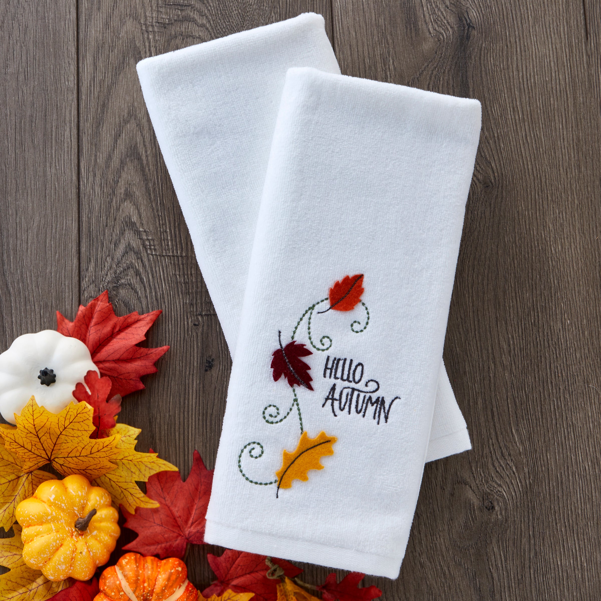 Hello Autumn Leaves 3D Appliqué  2-Piece Hand Towel Set, White