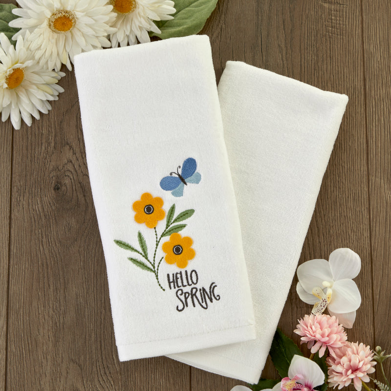 Hello Spring Flowers 3D Appliqué  2-Piece Hand Towel Set, White