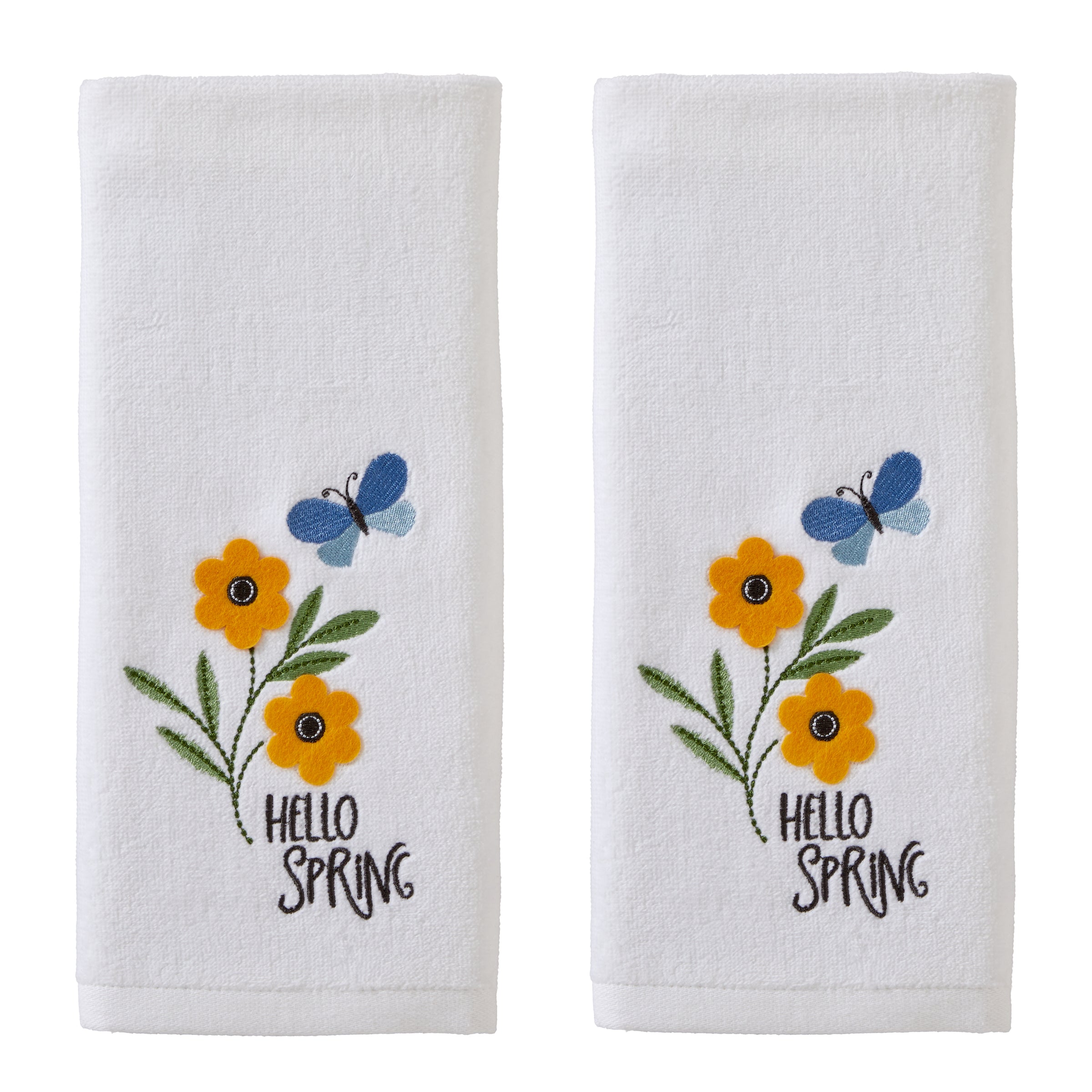 Hello Spring Flowers 3D Appliqué  2-Piece Hand Towel Set, White