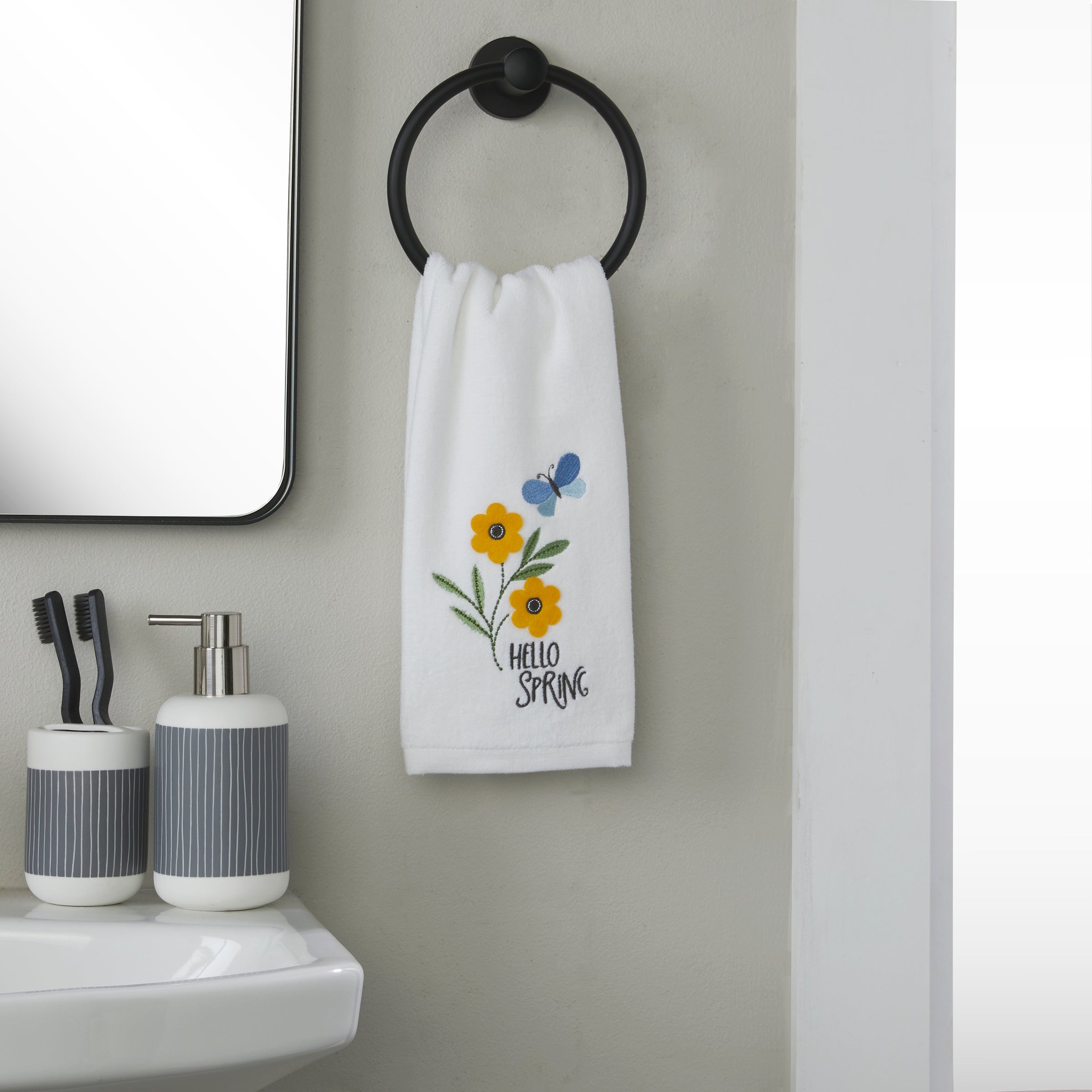 Hello Spring Flowers 3D Appliqué  2-Piece Hand Towel Set, White