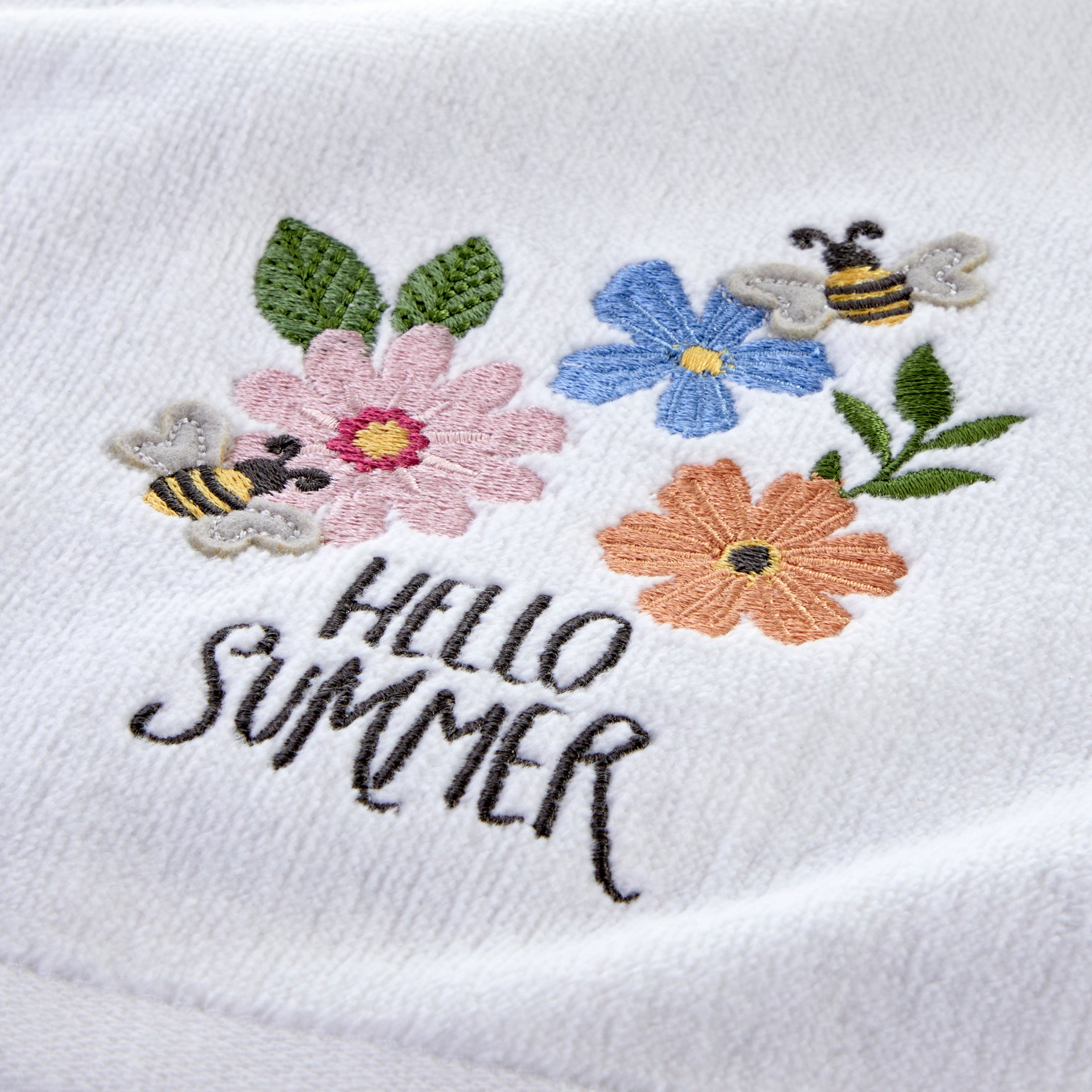 Hello Summer Bee 3D Appliqué  2-Piece Hand Towel Set, White