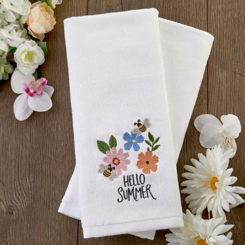 Hello Summer Bee 3D Appliqué  2-Piece Hand Towel Set, White