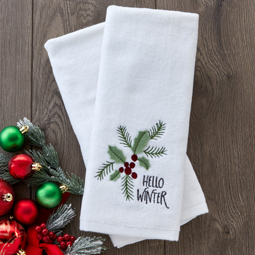 Hello Winter Holly 3D Appliqué  2-Piece Hand Towel Set, White