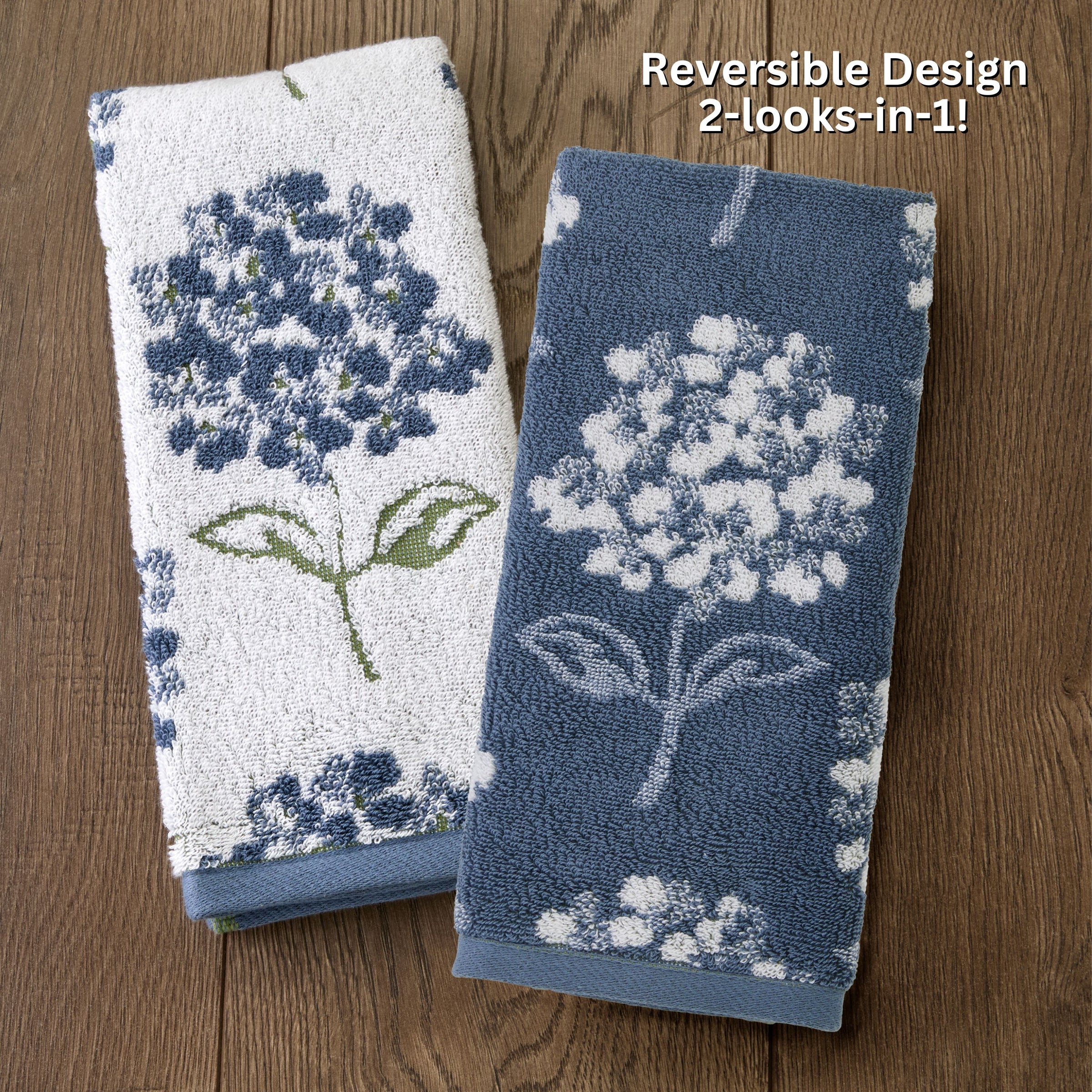 Hydrangea Jacquard 2-Piece Hand Towel Set, White/Blue