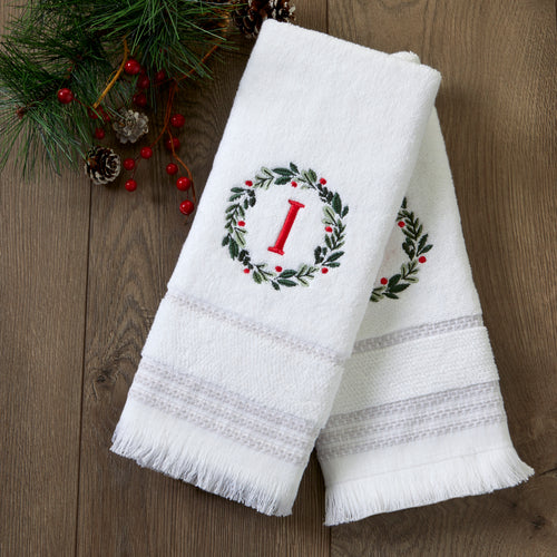 Wreath Monogram “I" 2-Piece Hand Towel Set, White