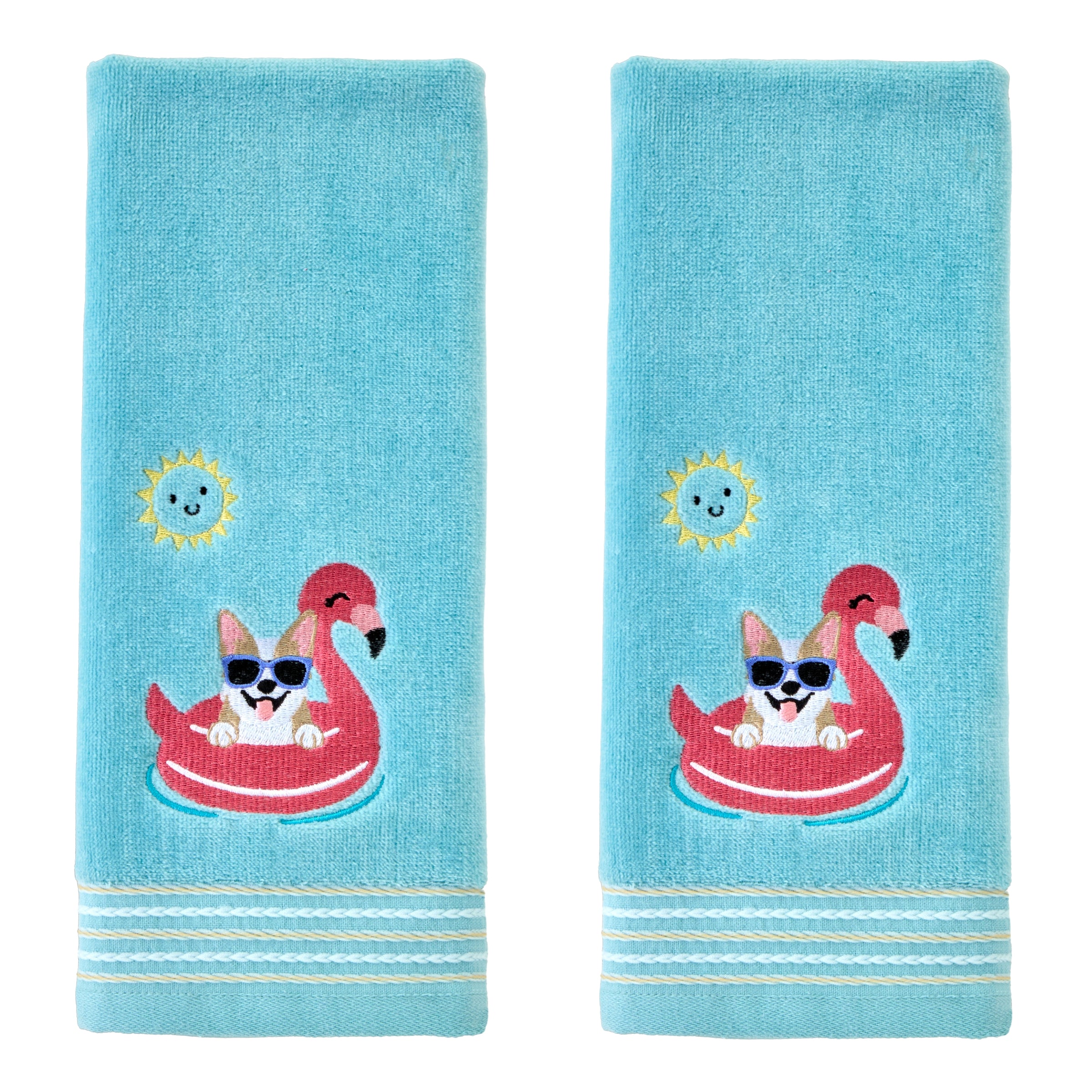 Floating Corgi 2-Piece Hand Towel Set, Aqua