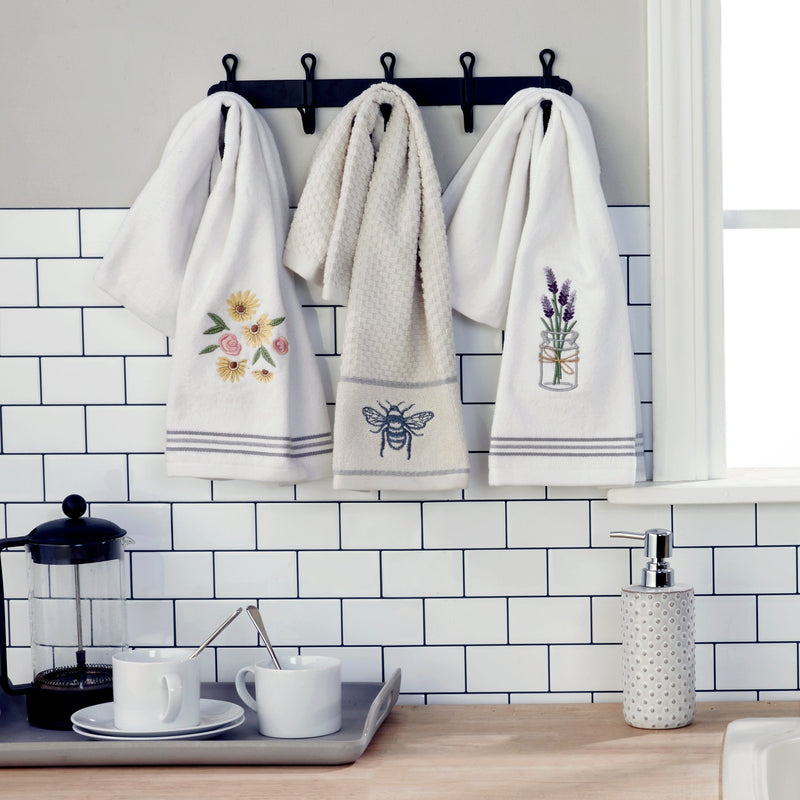 Farmhouse Bee 2-Piece Hand Towel Set, White