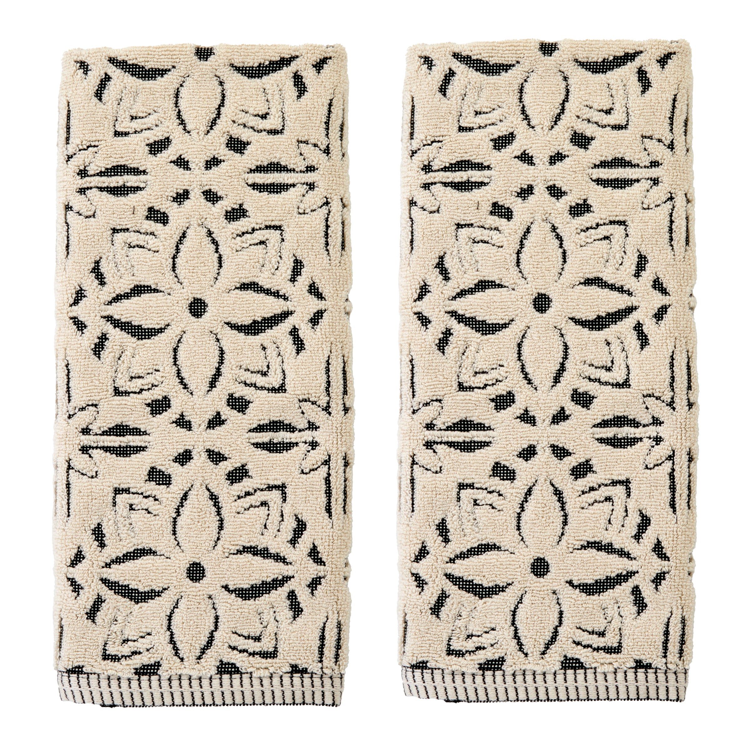 Lisbon Jacquard 2-Piece Hand Towel Set, Natural/Black