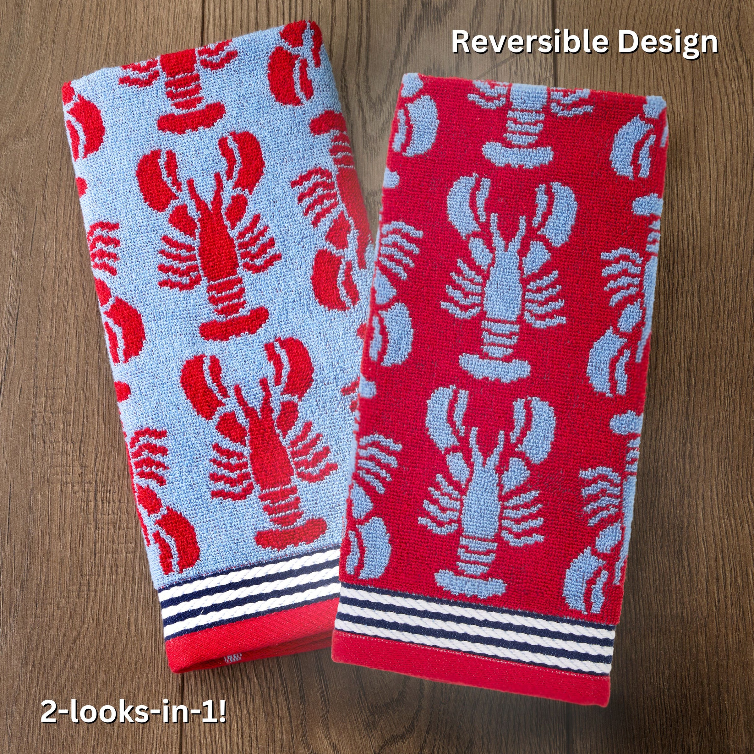 Lobster Jacquard Reversible 2-Piece Hand Towel Set, Blue/Red