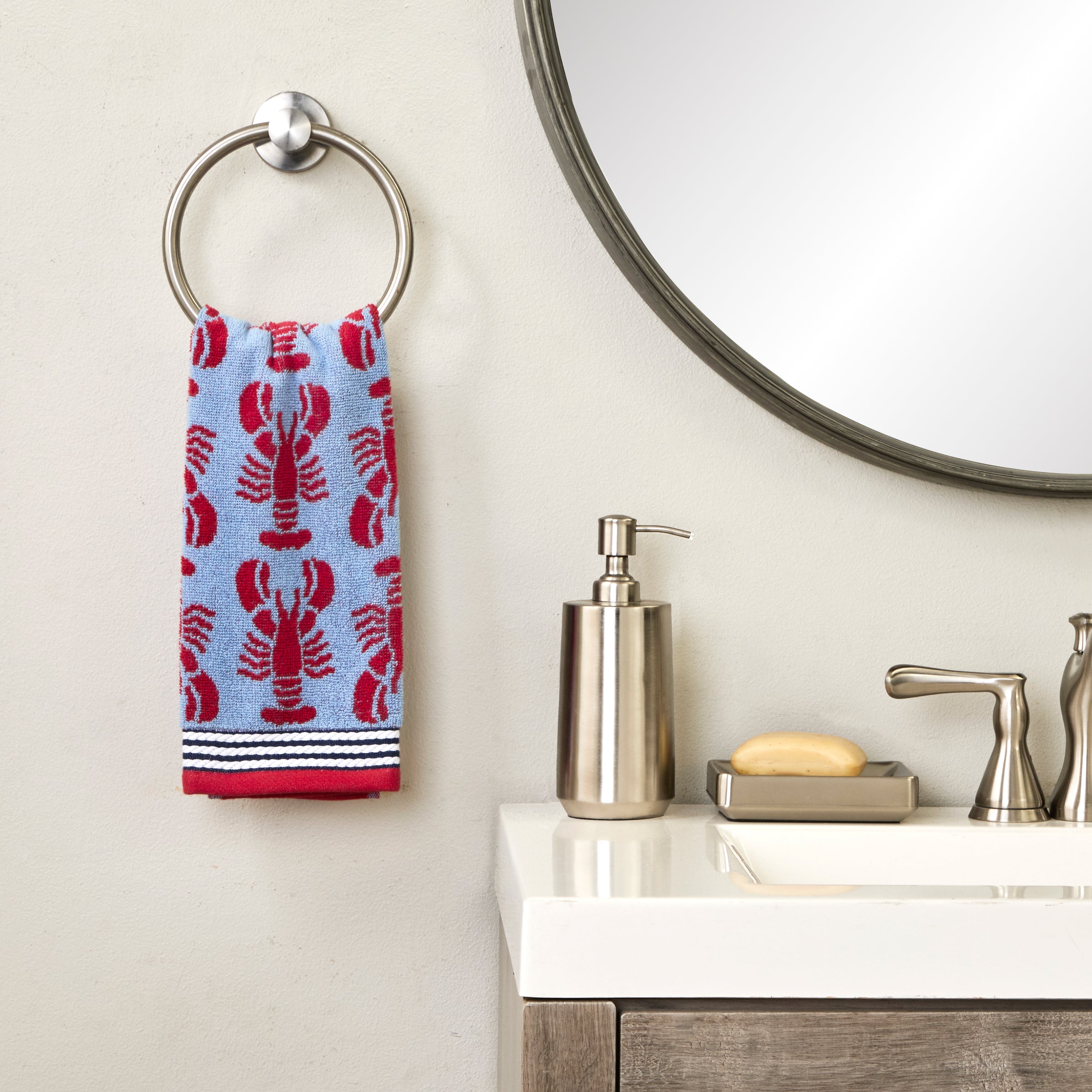 Lobster Jacquard Reversible 2-Piece Hand Towel Set, Blue/Red
