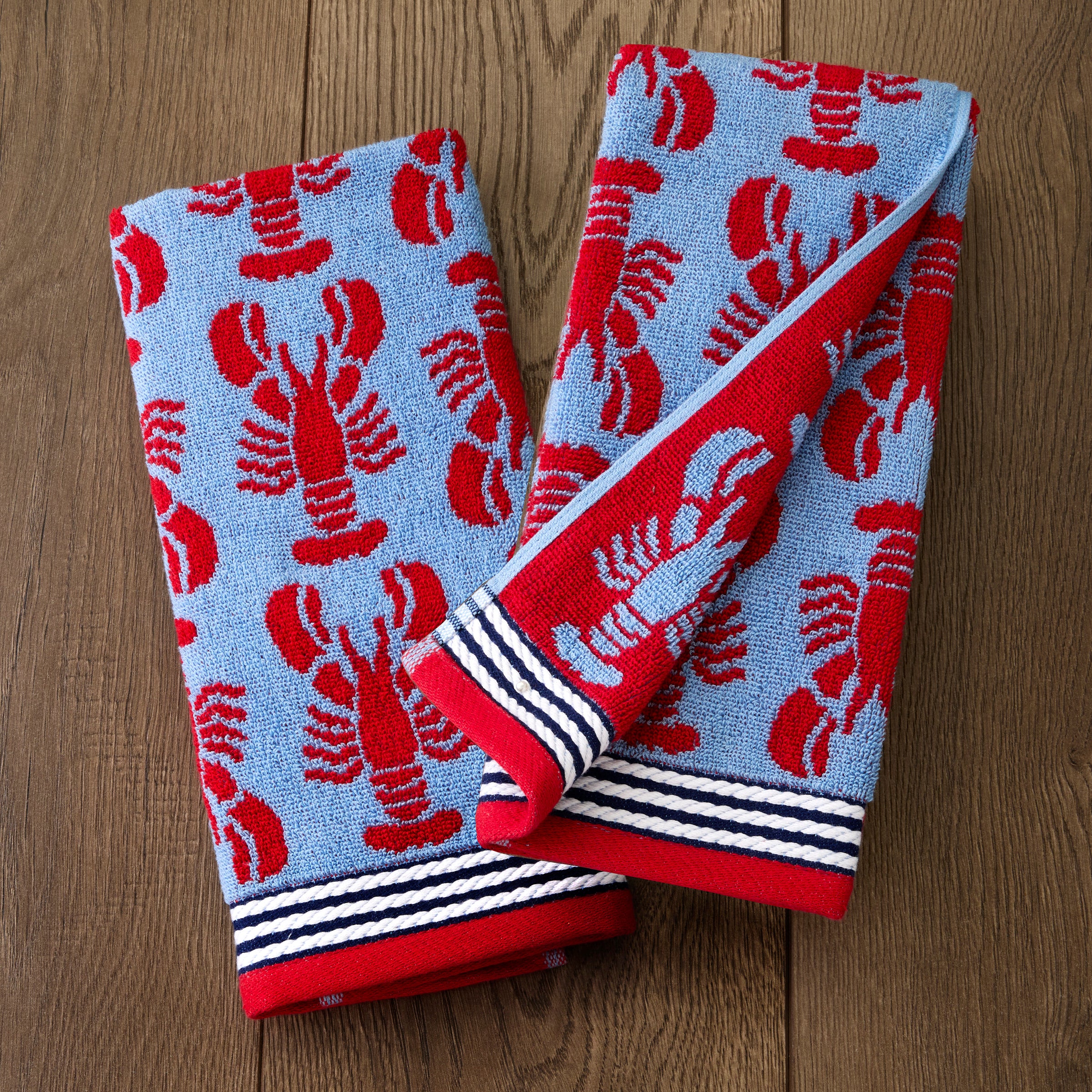 Lobster Jacquard Reversible 2-Piece Hand Towel Set, Blue/Red
