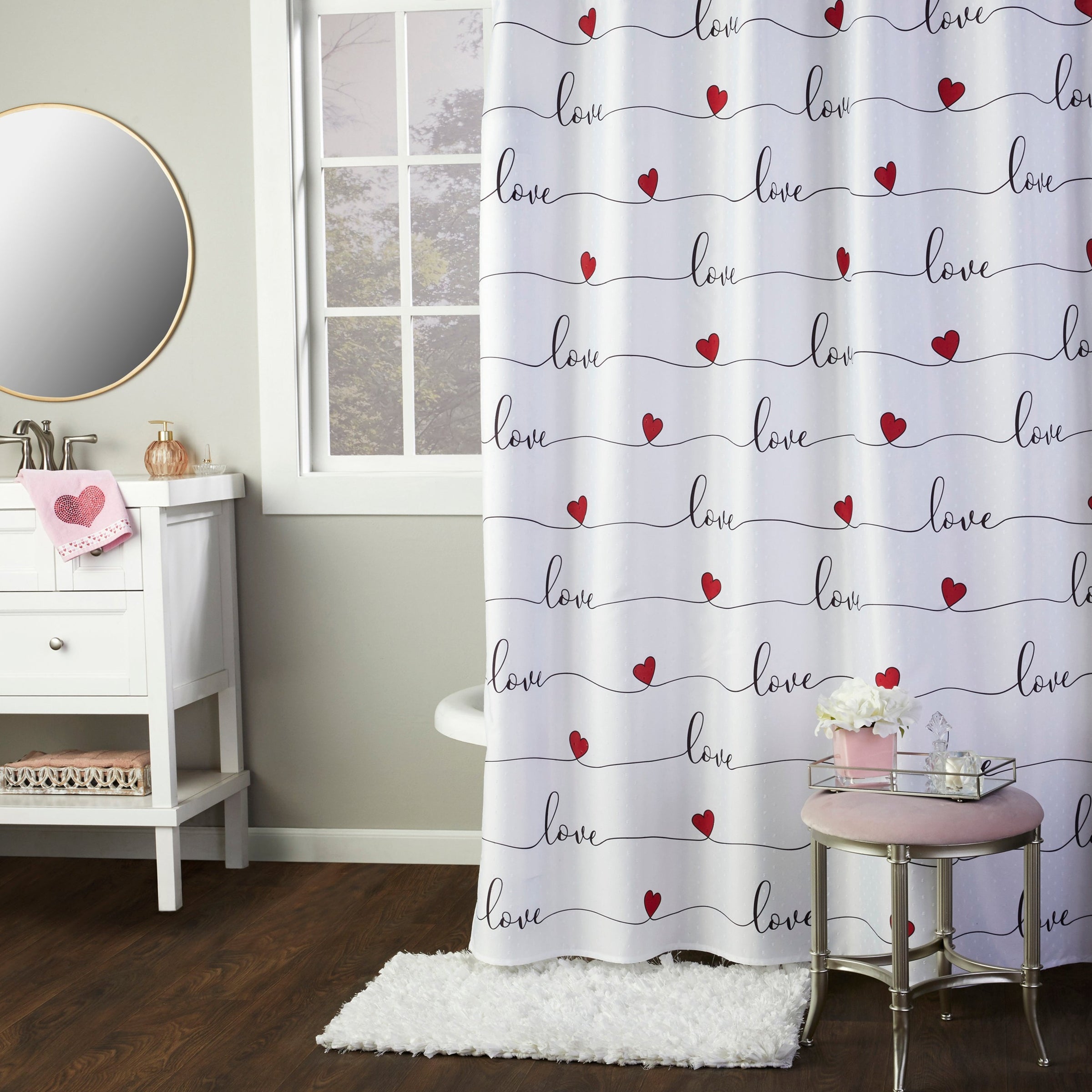 Love Script Shower Curtain, White/Multi