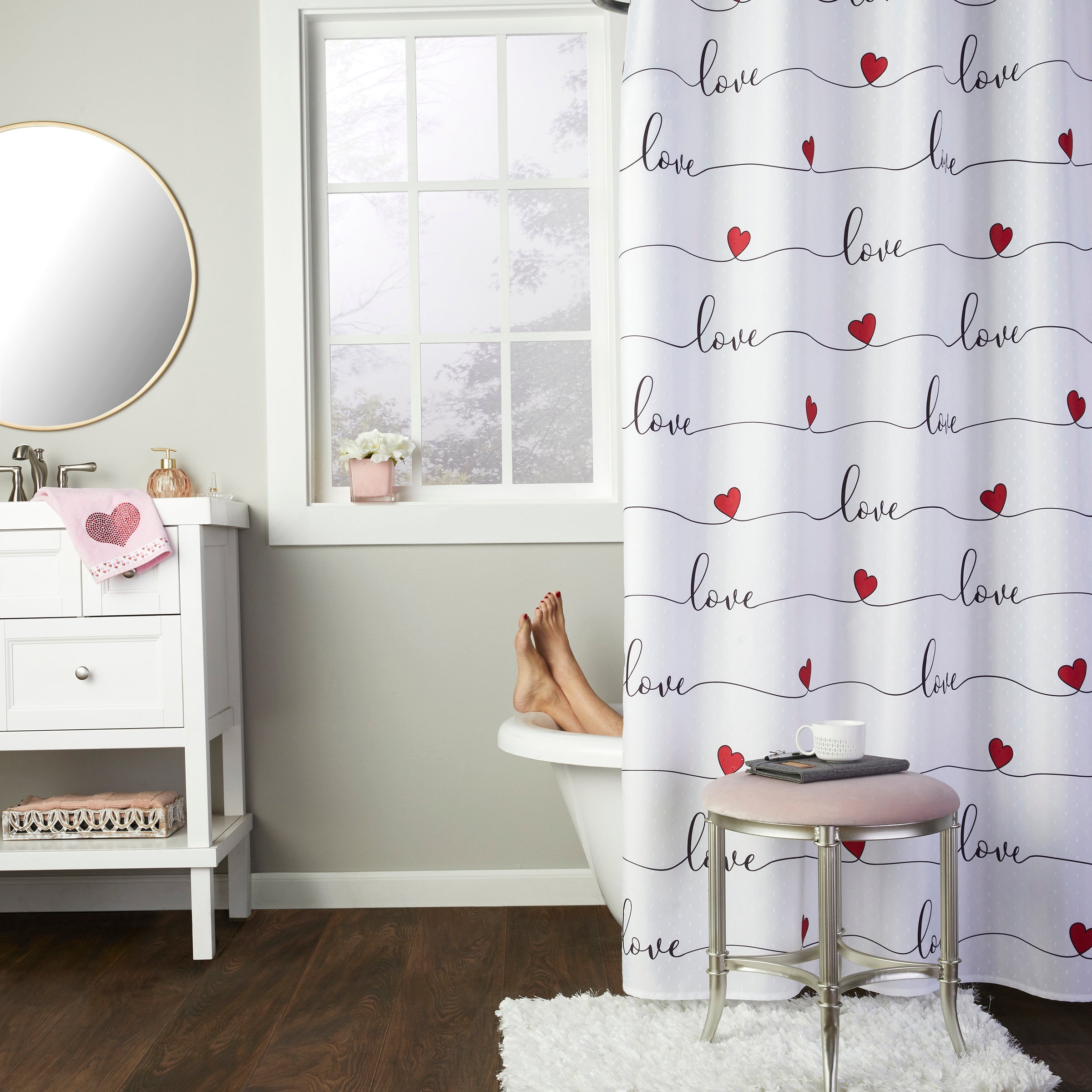 Love Script Shower Curtain, White/Multi