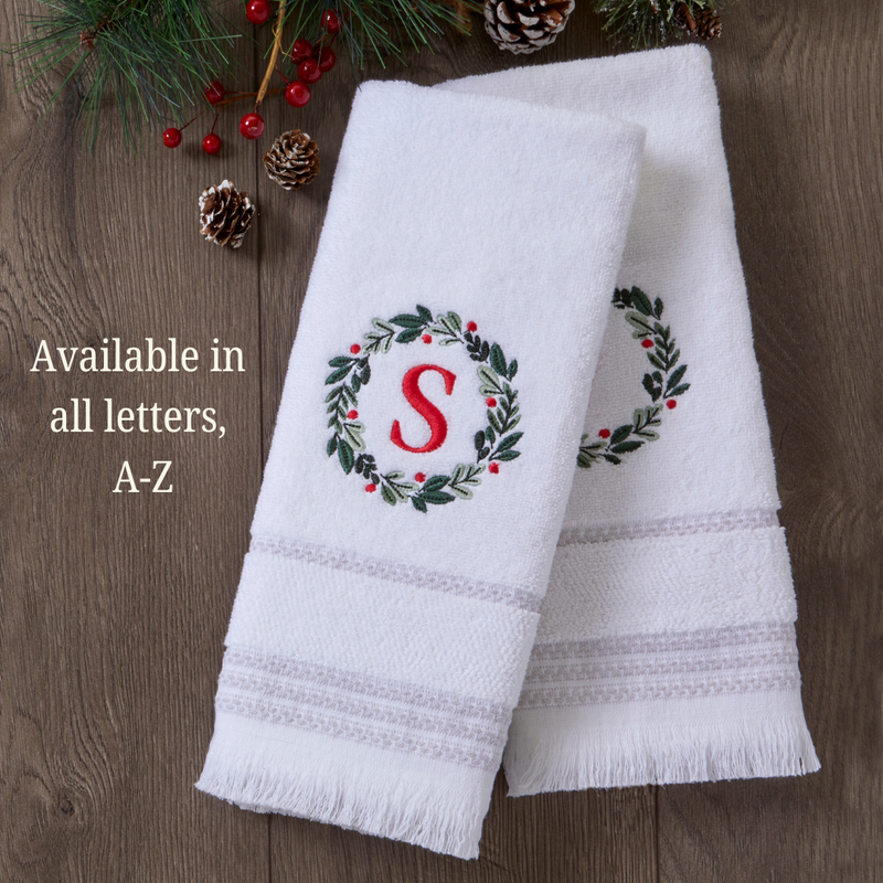 Wreath Monogram “A” 2-Piece Hand Towel Set, White